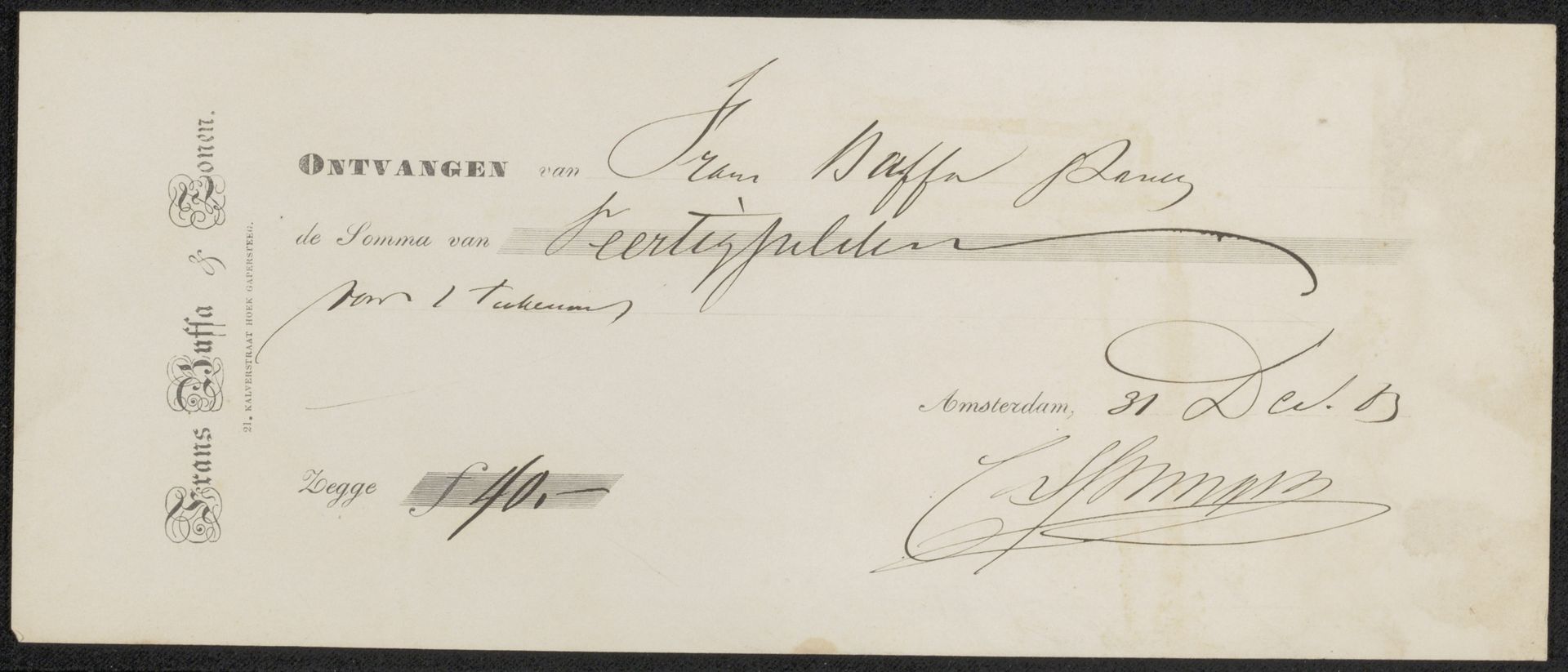 Kwitantie voor Cornelis Springer by Frans Buffa en Zonen