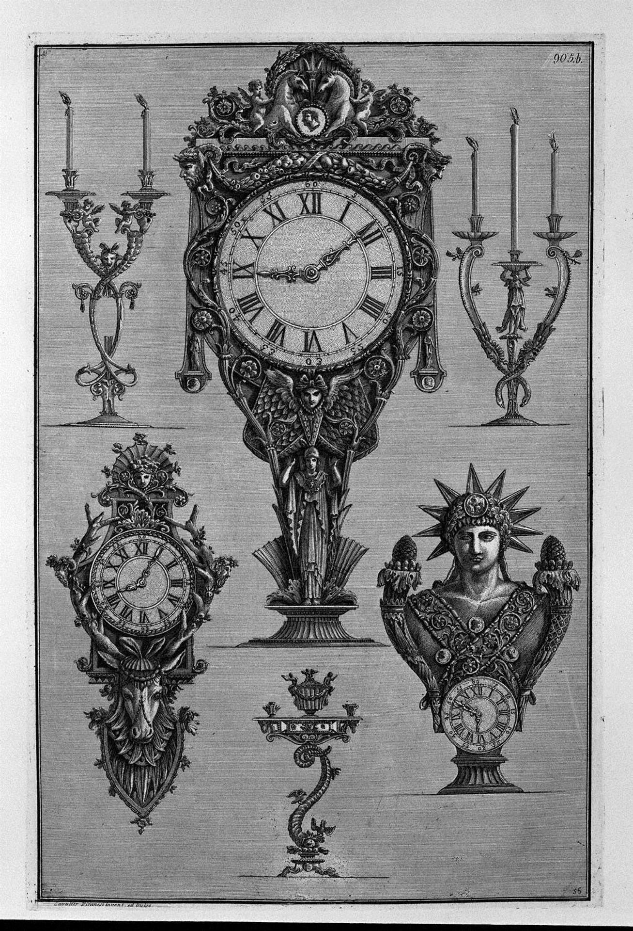 Three clocks and three candelabra by Giovanni Battista Piranesi