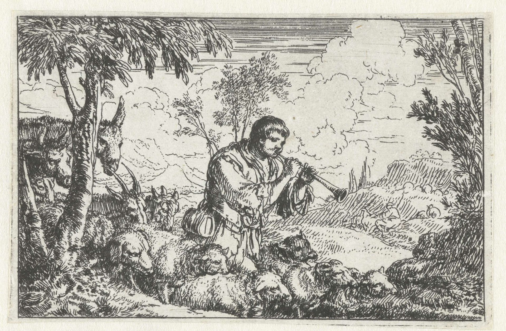 Schalmeispelende herder met kudde by Jonas Umbach