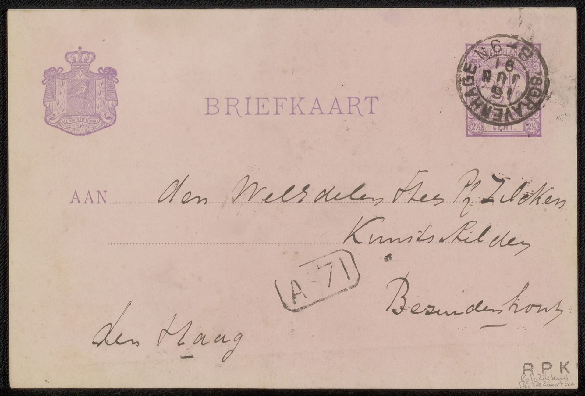 Briefkaart aan Philip Zilcken by Willem de Zwart