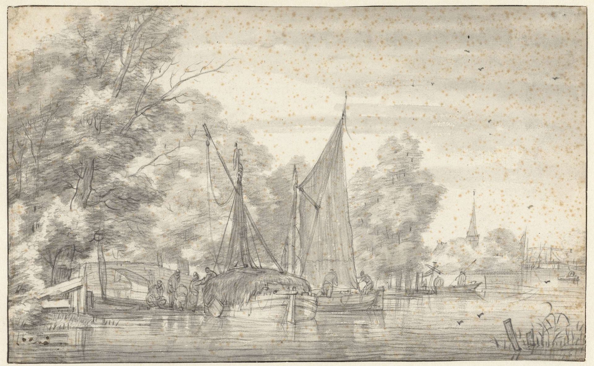 Gezicht op een rivier met mensen bij en op boten by Jacob Esselens
