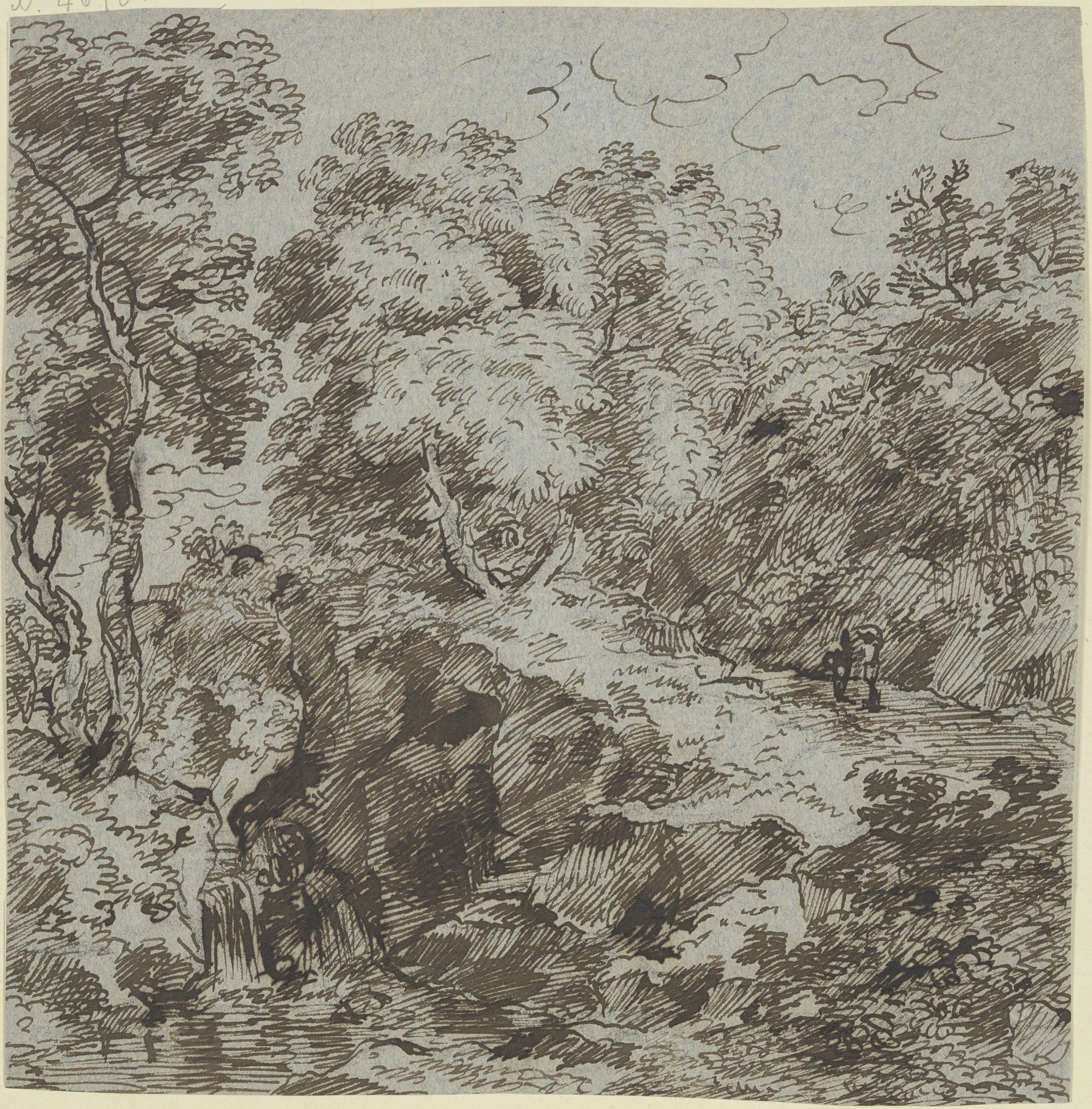 Forest path with waterfall by Franz Kobell