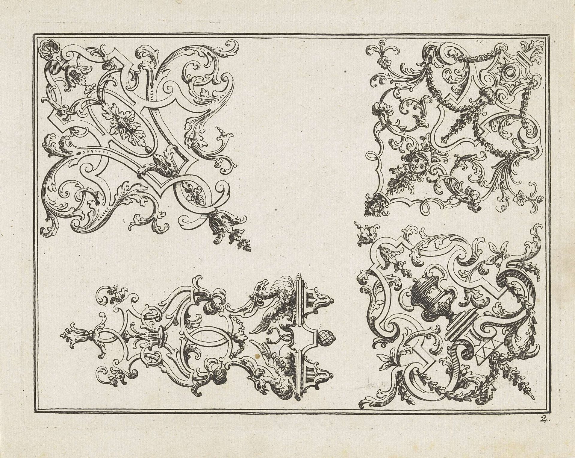 Vier ontwerpen voor zilverbeslag met florale motieven by Anonymous