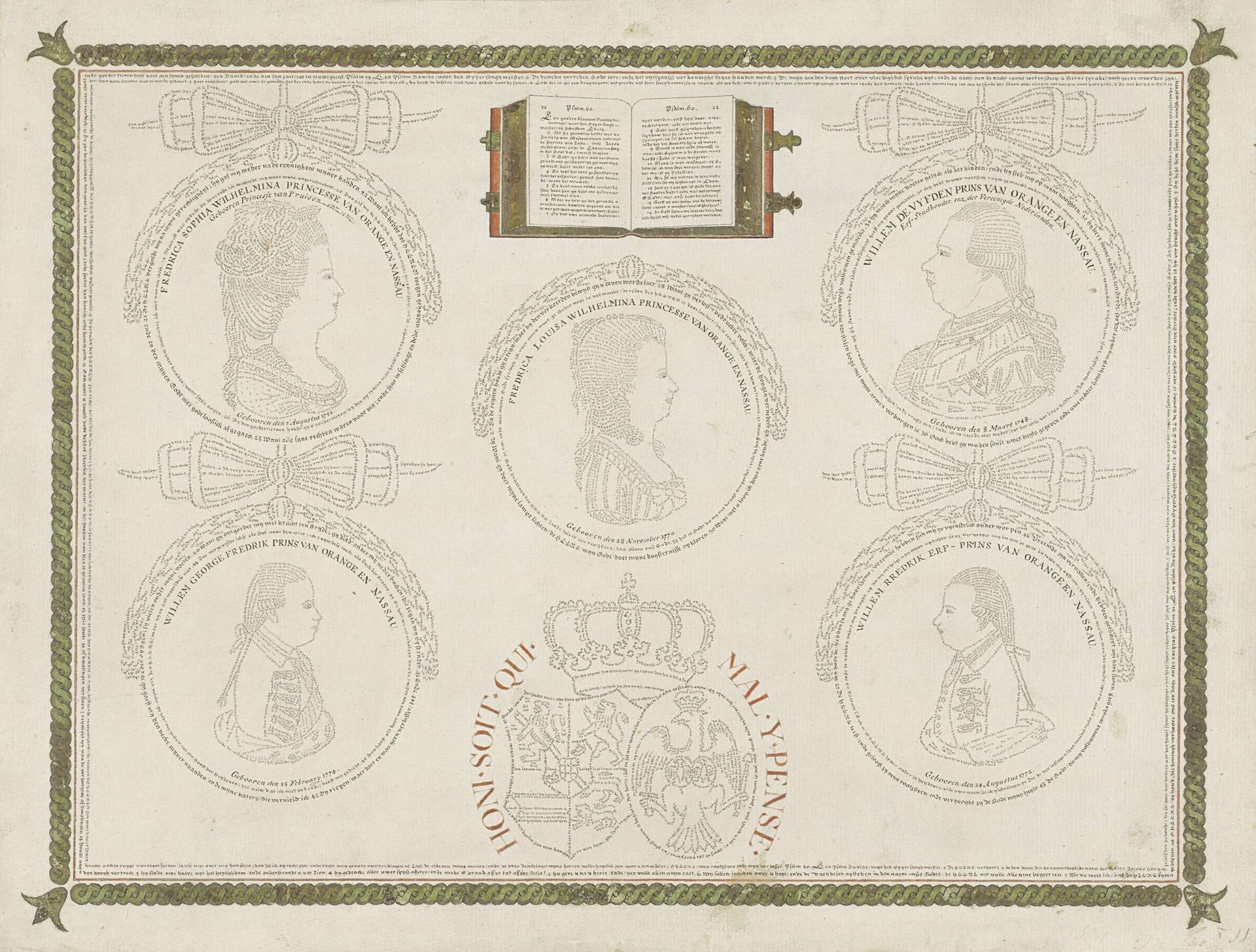 Portretten van Wilhelmina van Pruisen, Willem V, prins van Oranje-Nassau, Louise, prinses van Oranje-Nassau, Frederik, prins van Oranje-Nassau, en Willem I Frederik, koning der Nederlanden by Anonymous