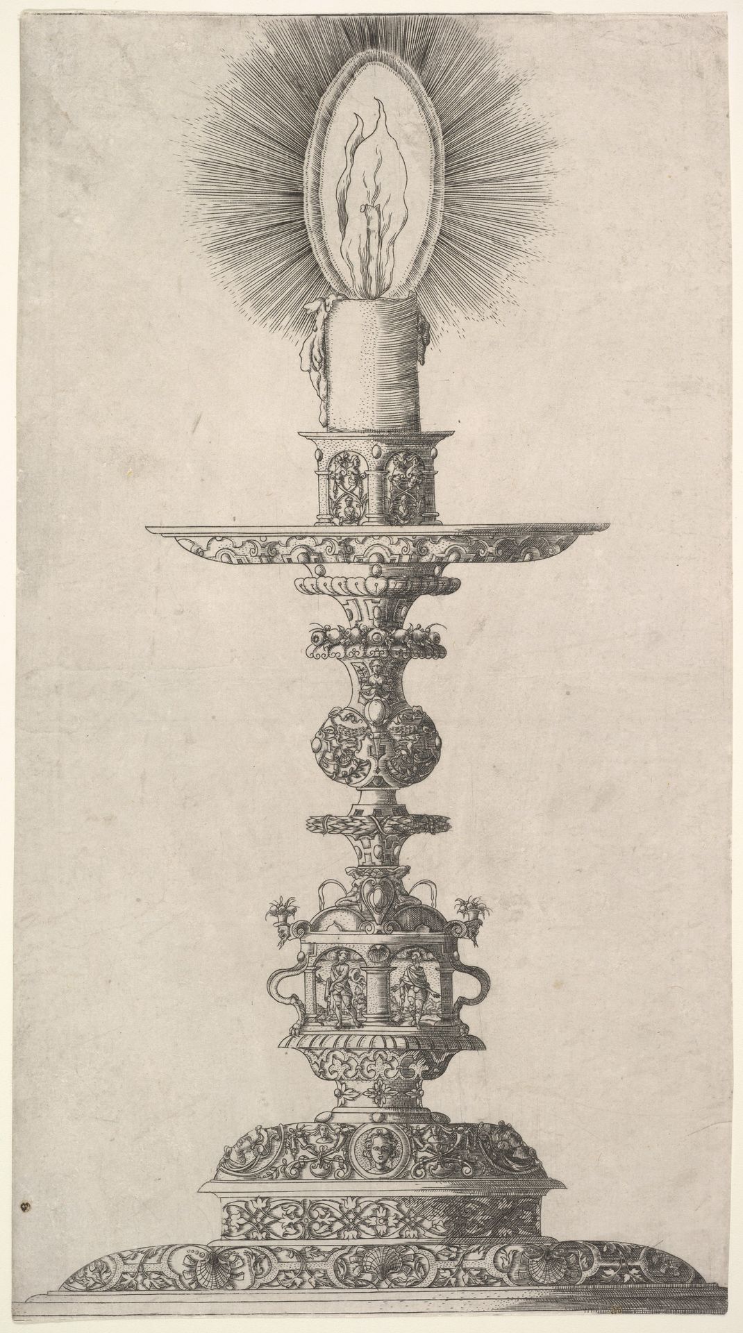 Candlestick with Lighted Candle from: Insigne Ac Plane Novum Opus Cratero graphicum; Ein new kunnstbuch (...) von allerley trinnckgeschiren Credenntzen unnd Bechernn (...) by Matthias Zündt