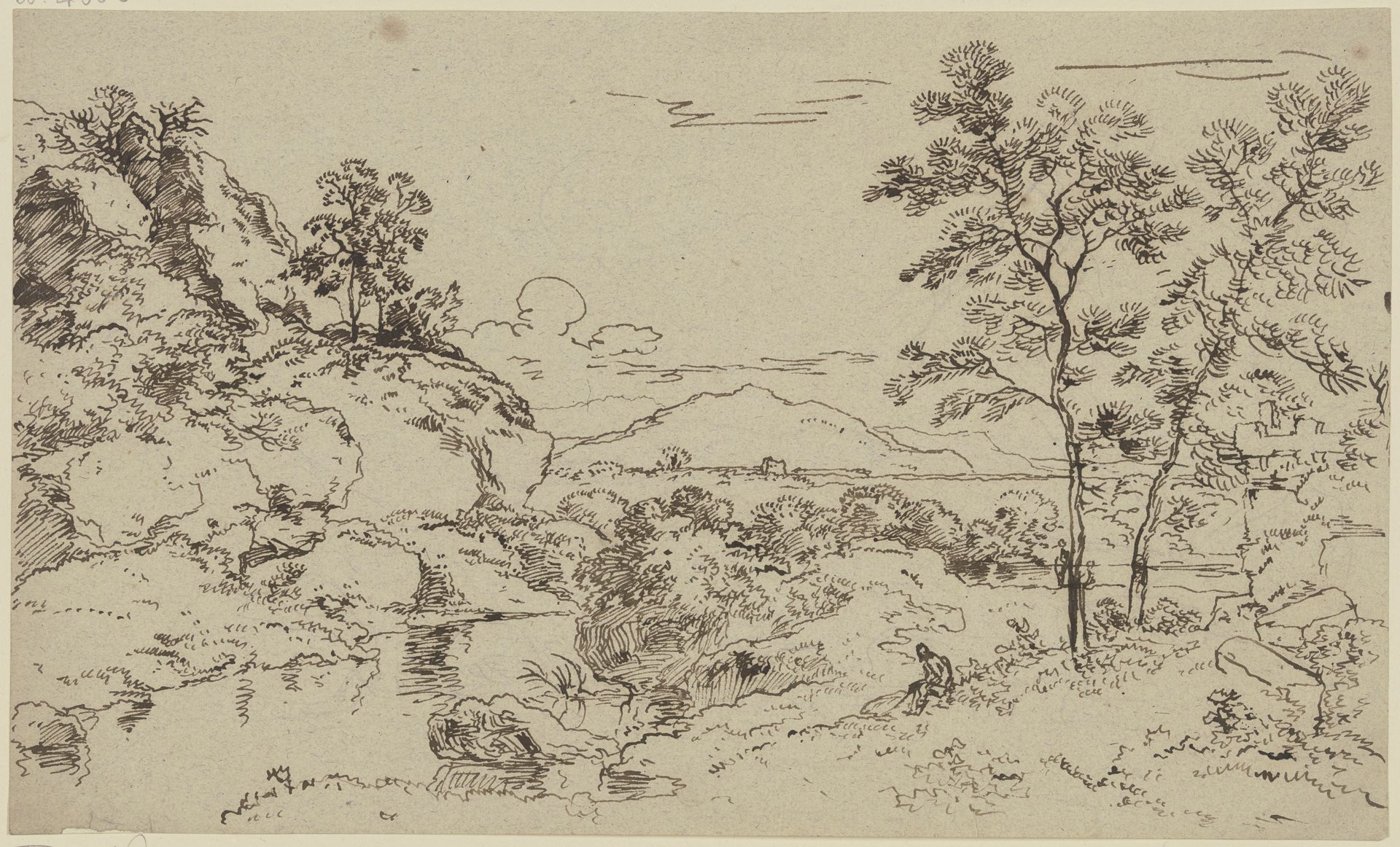 Bergige Landschaft mit Bäumen und Staffagefiguren by Franz Kobell