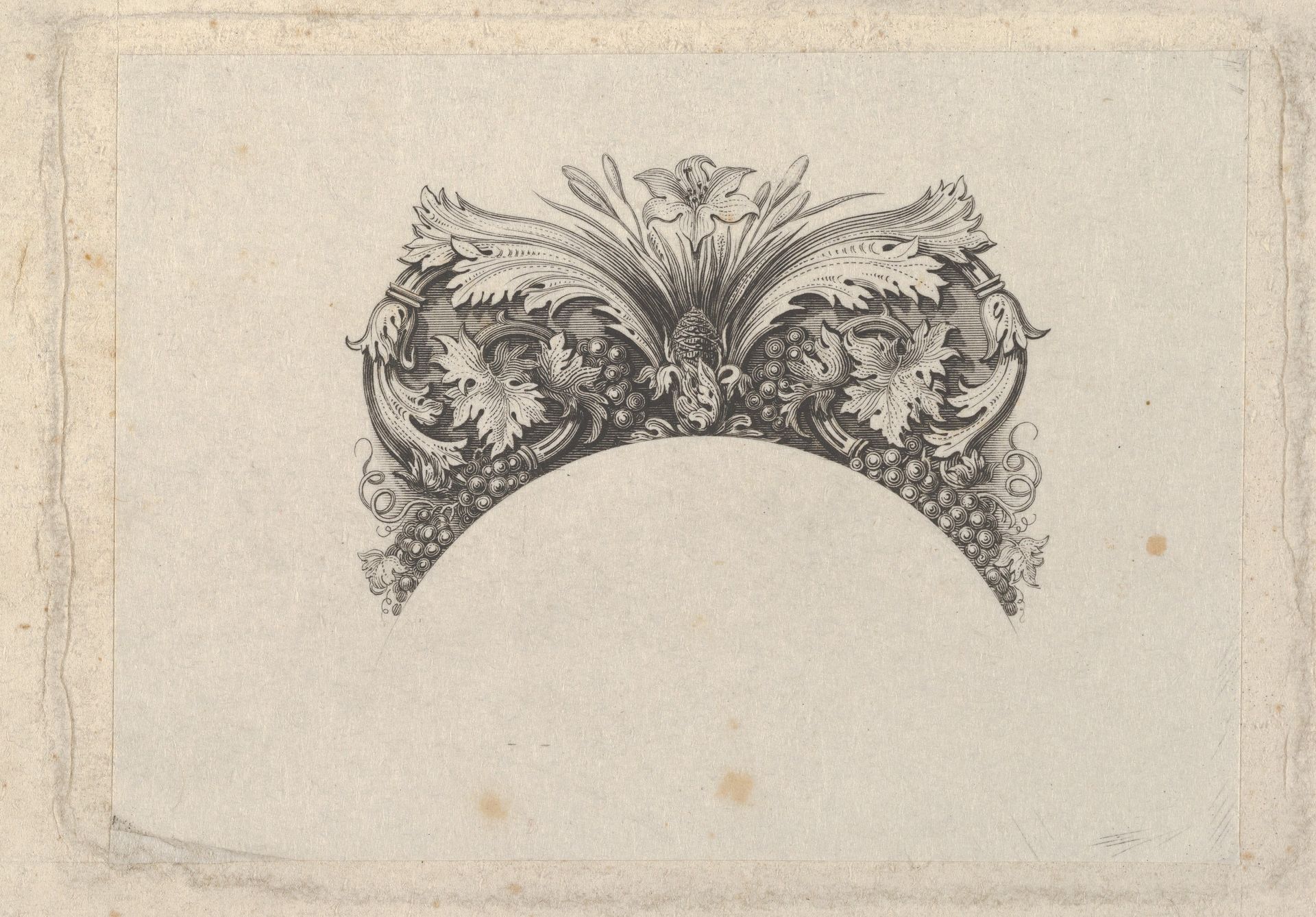 Arched framing element for banknote, with acanthus and vine leaves, lily and grapes by Asher Brown Durand