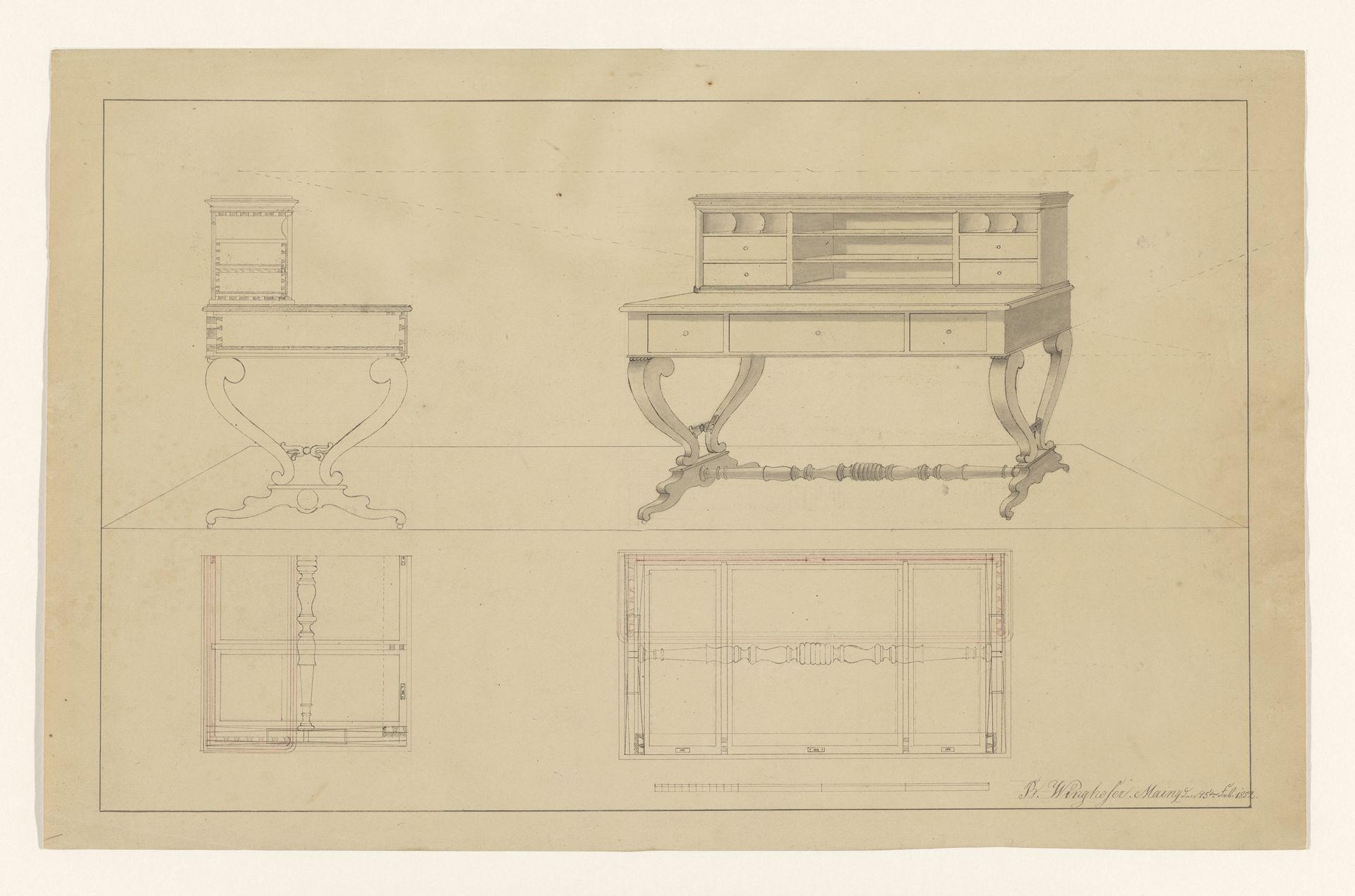 Ontwerp voor een schrijftafel met opstand, met zijaanzicht en plattegronden onder beide aanzichten by B. Winghofer