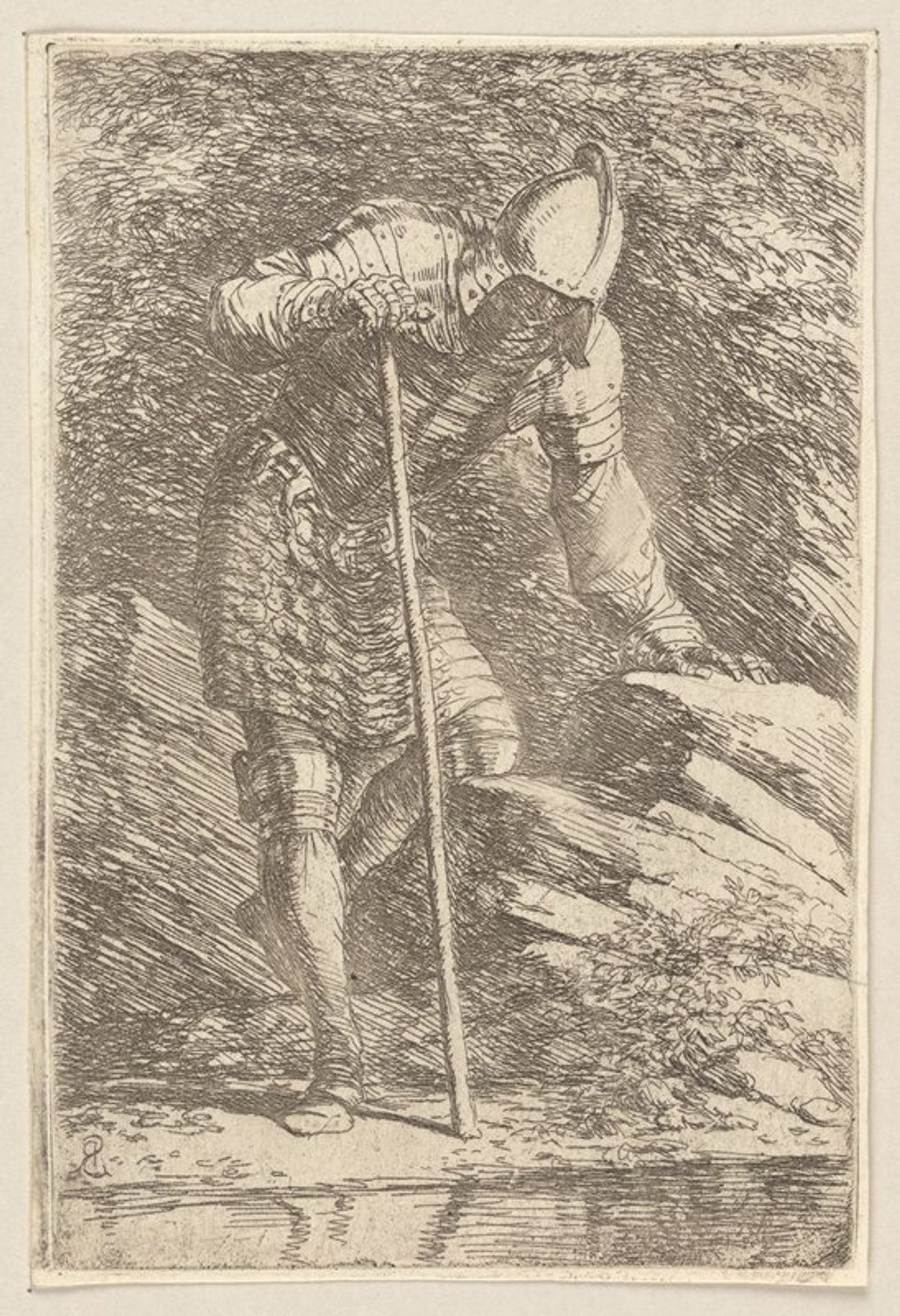Soldier in Helmet and Armor Regarding a Stream by Salvator Rosa