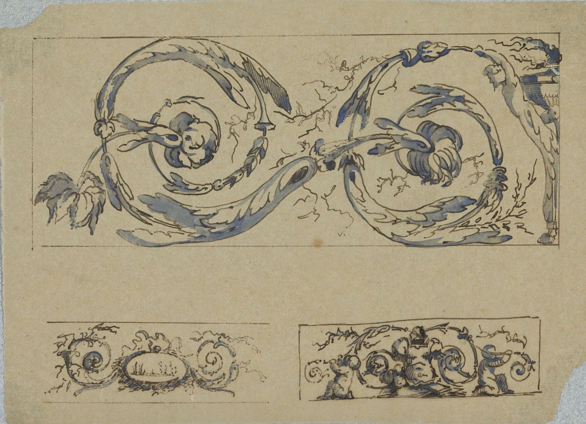 Rechthoekig veld met bladranken met een figuur en een brandende urn, boven twee kleine rechthoekige velden by Henri Cameré