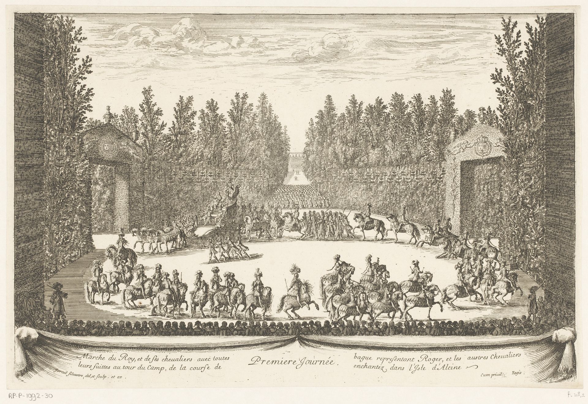 Parade van koning Lodewijk XIV en hoflieden te paard tijdens de feestelijkheden op Versailles by Israel Silvestre