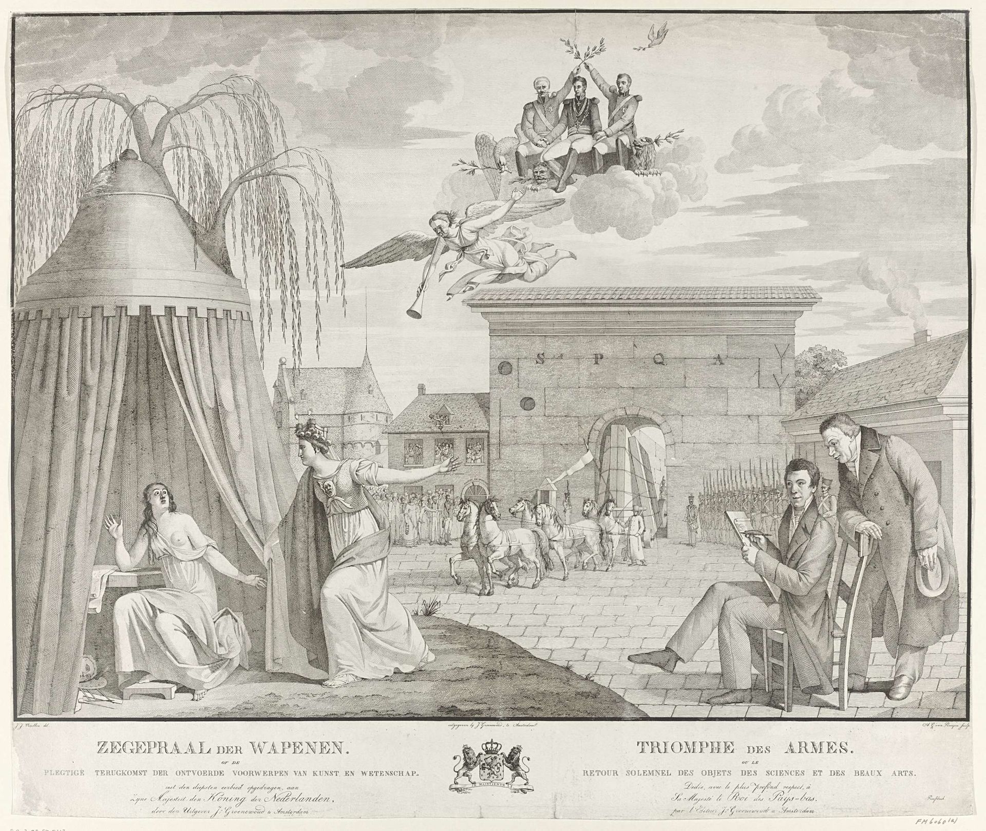 Allegorie op de terugkeer van de ontvoerde voorwerpen van kunst en wetenschap te Antwerpen, 1815 by Adriaan Gerrit van Prooijen