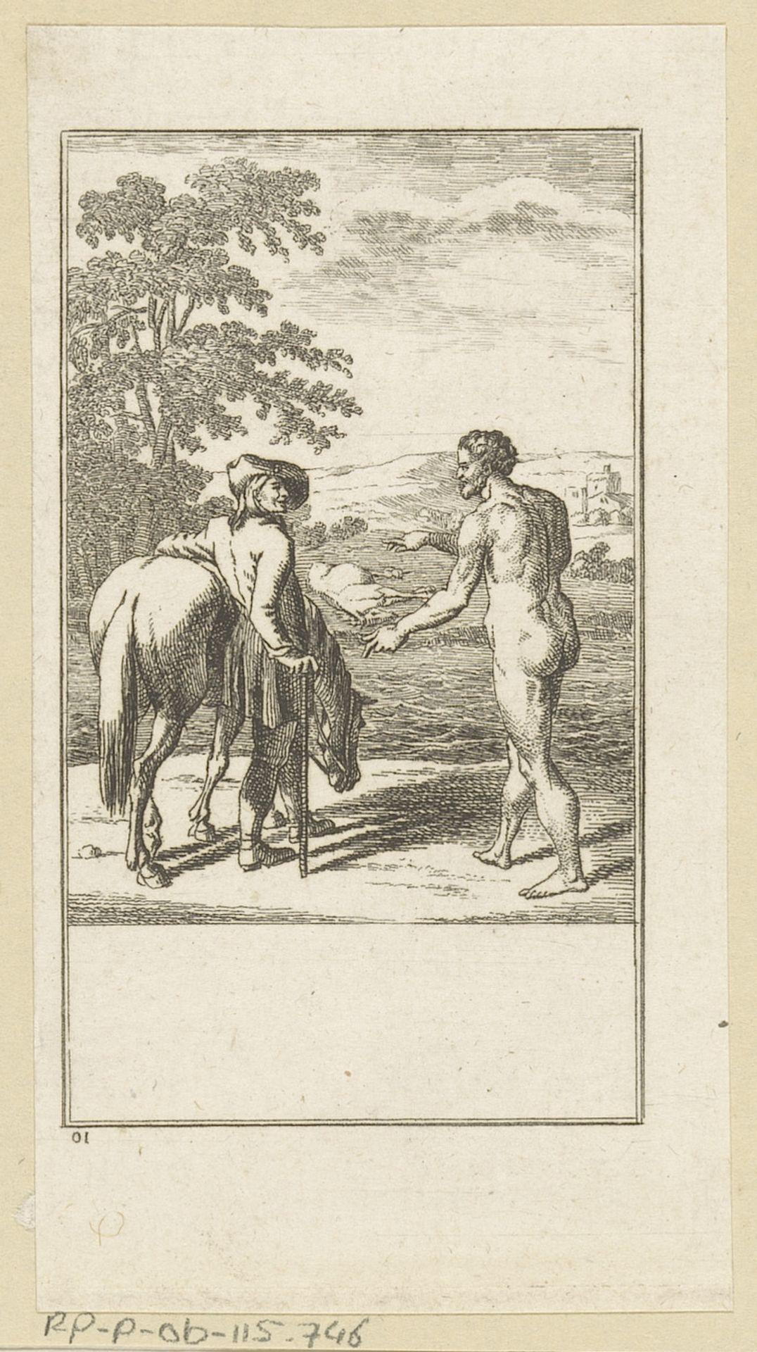 Orlando wijst naar zijn dode paard in de verte by Louis Wilhelm Chodowiecki