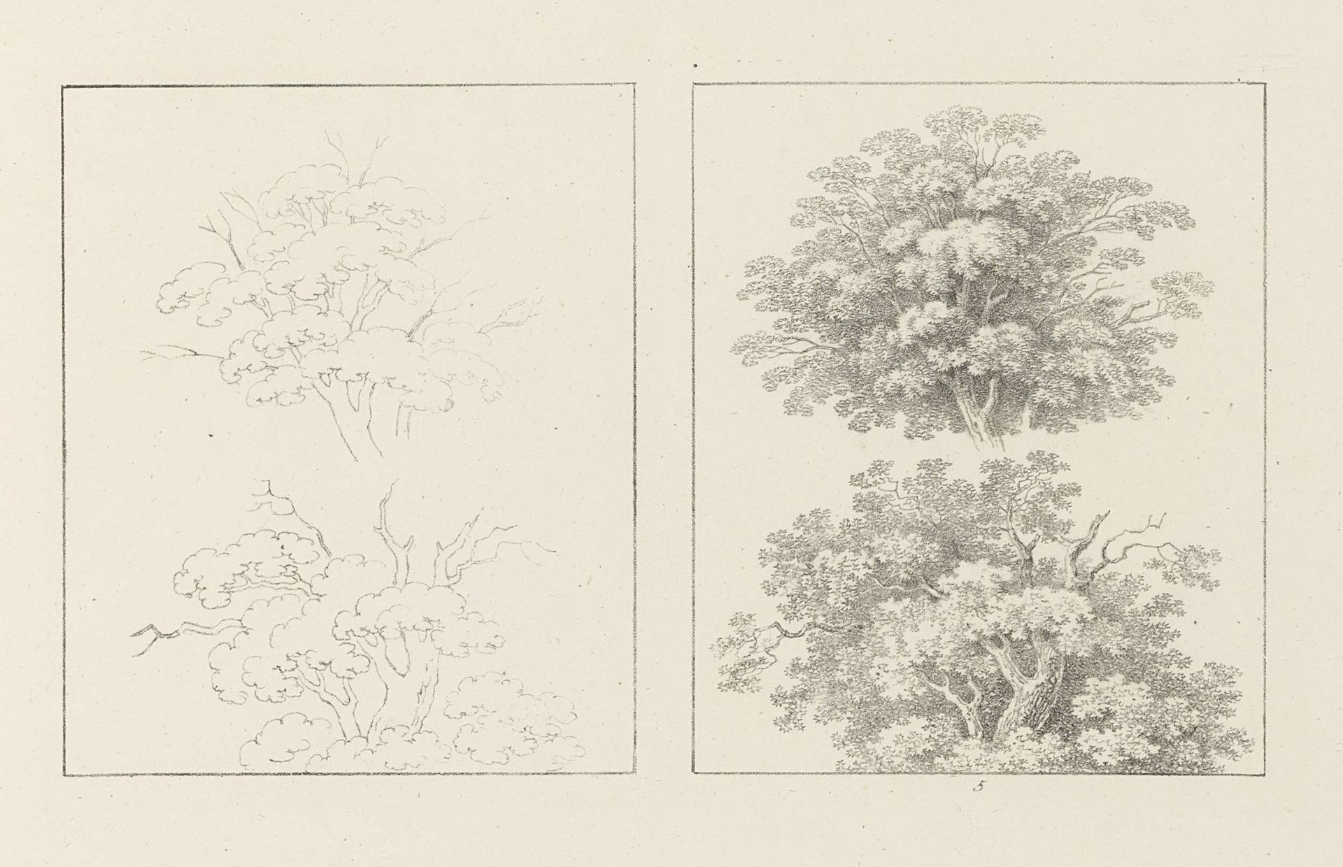 Albumblad met twee voorstellingen van bomen vol bladeren: links het ontwerp, rechts de uitvoering by Max Josef Wagenbauer