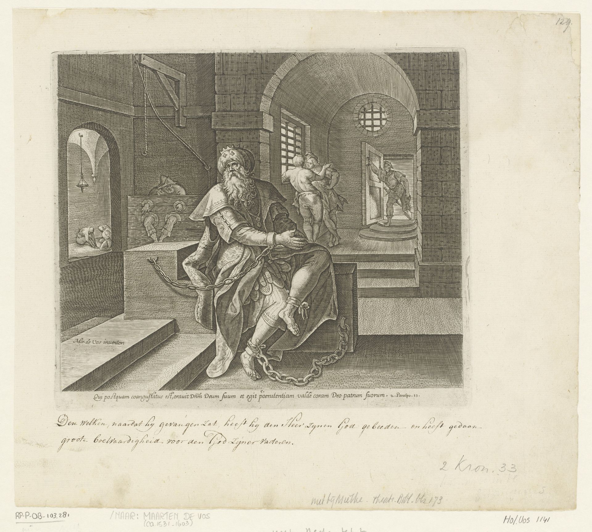 Koning Manasse in de gevangenis by Philips Galle