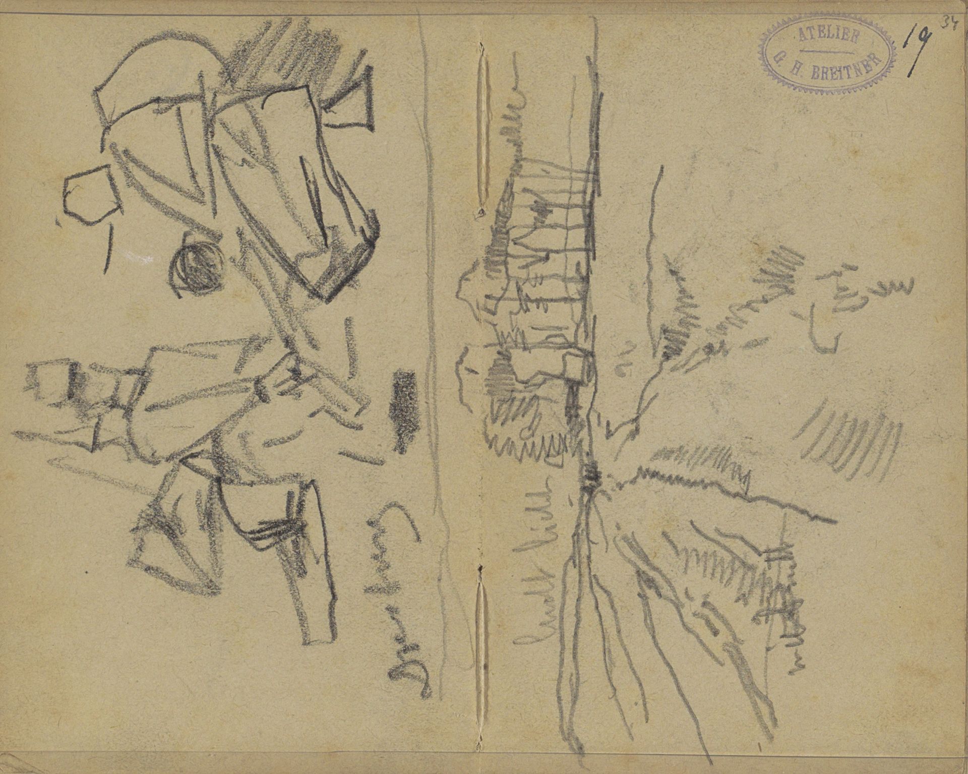 Twee zittende figuren en een landschap by George Hendrik Breitner