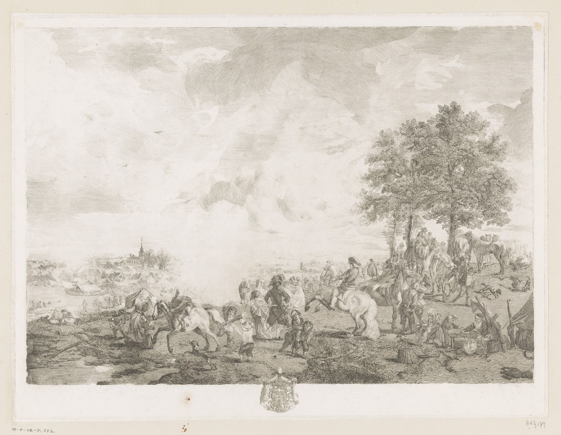 Landschap met paardenhandelaren op een markt by Jean Moyreau