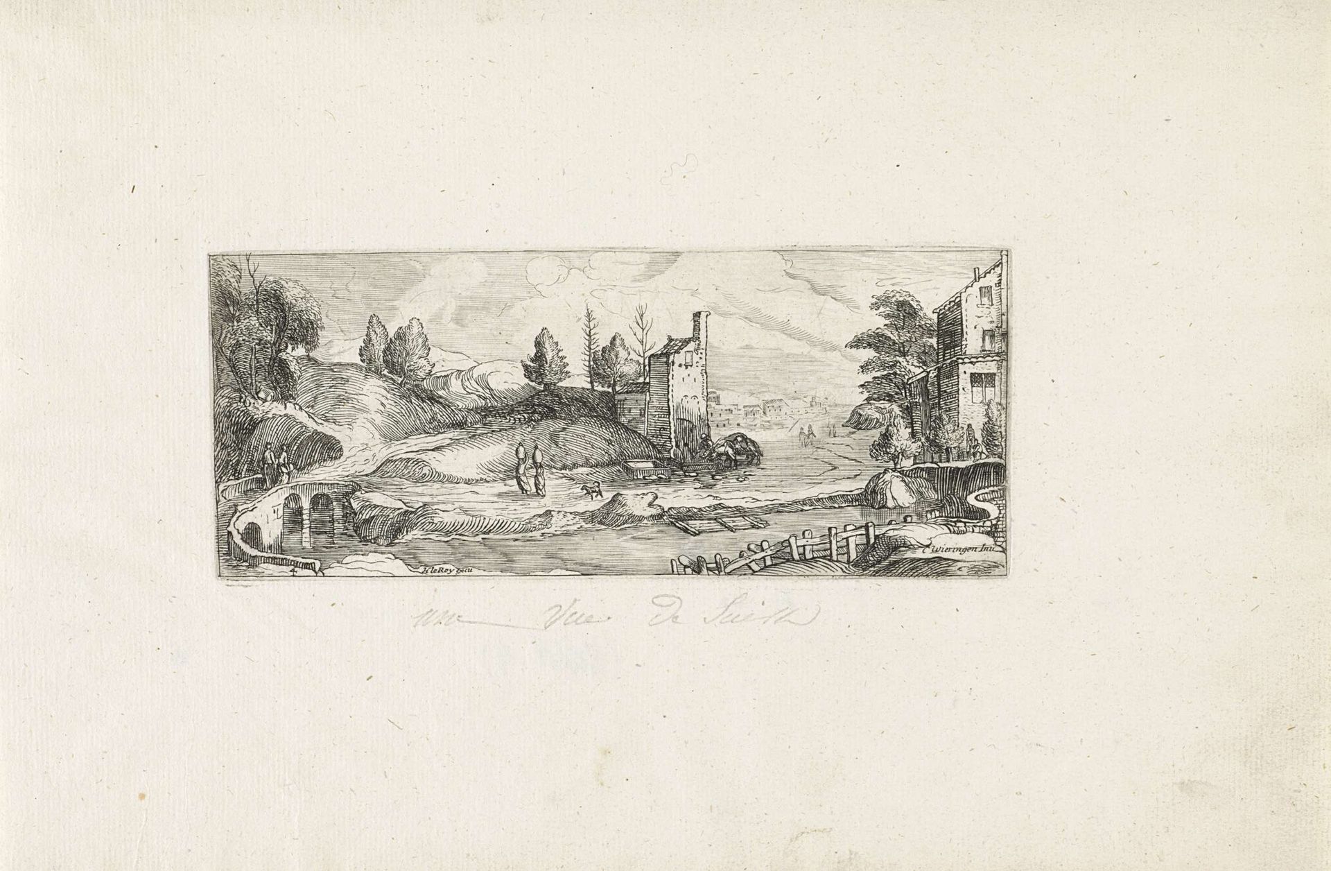 Rivierlandschap met twee vrouwen op een brug by Cornelis Claesz. van Wieringen
