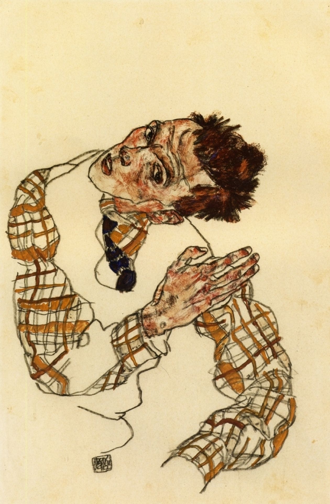 Self Portrait with Checkered Shirt by Egon Schiele