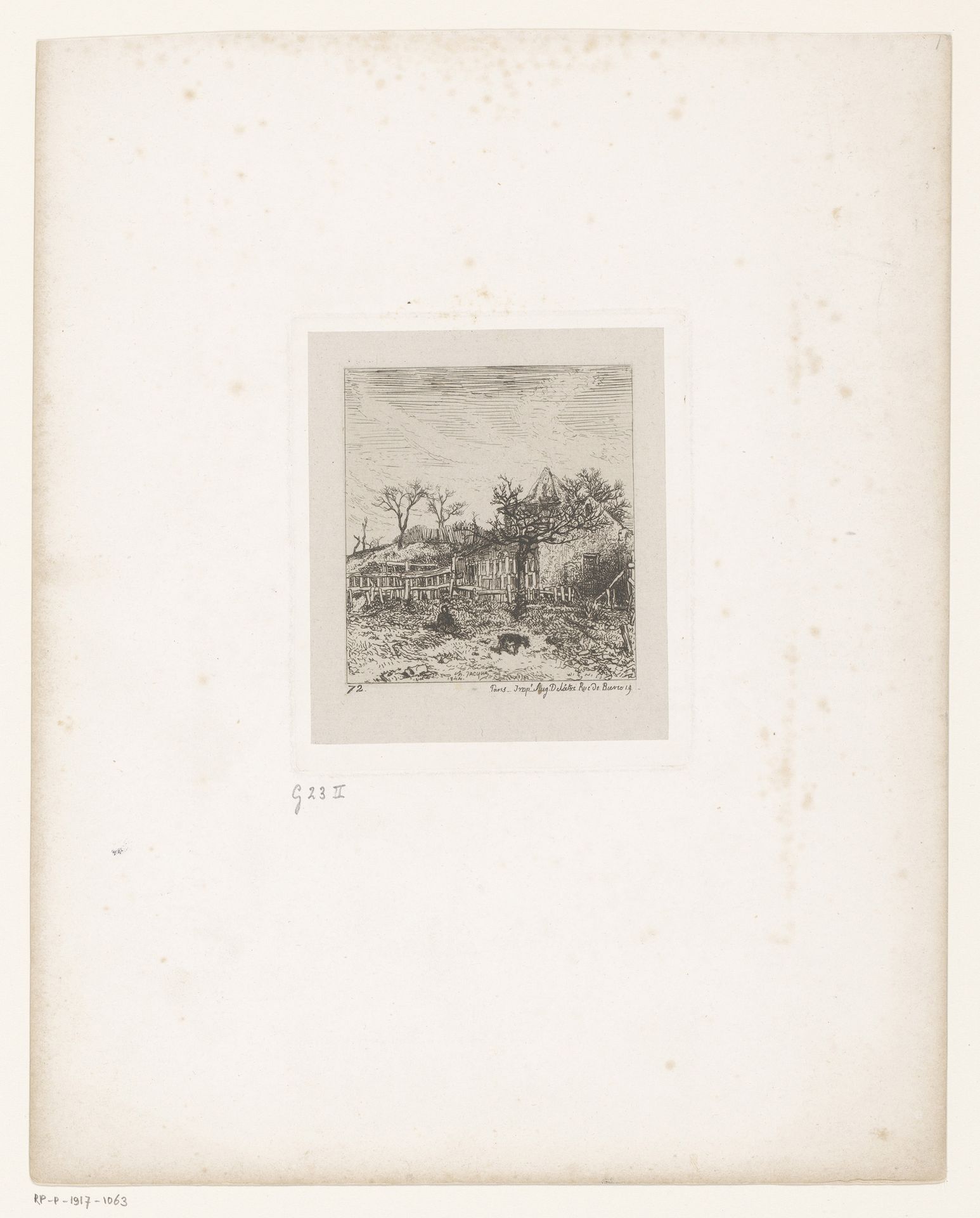Winterlandschap met een vrouw met hond voor een hek by Charles Jacque
