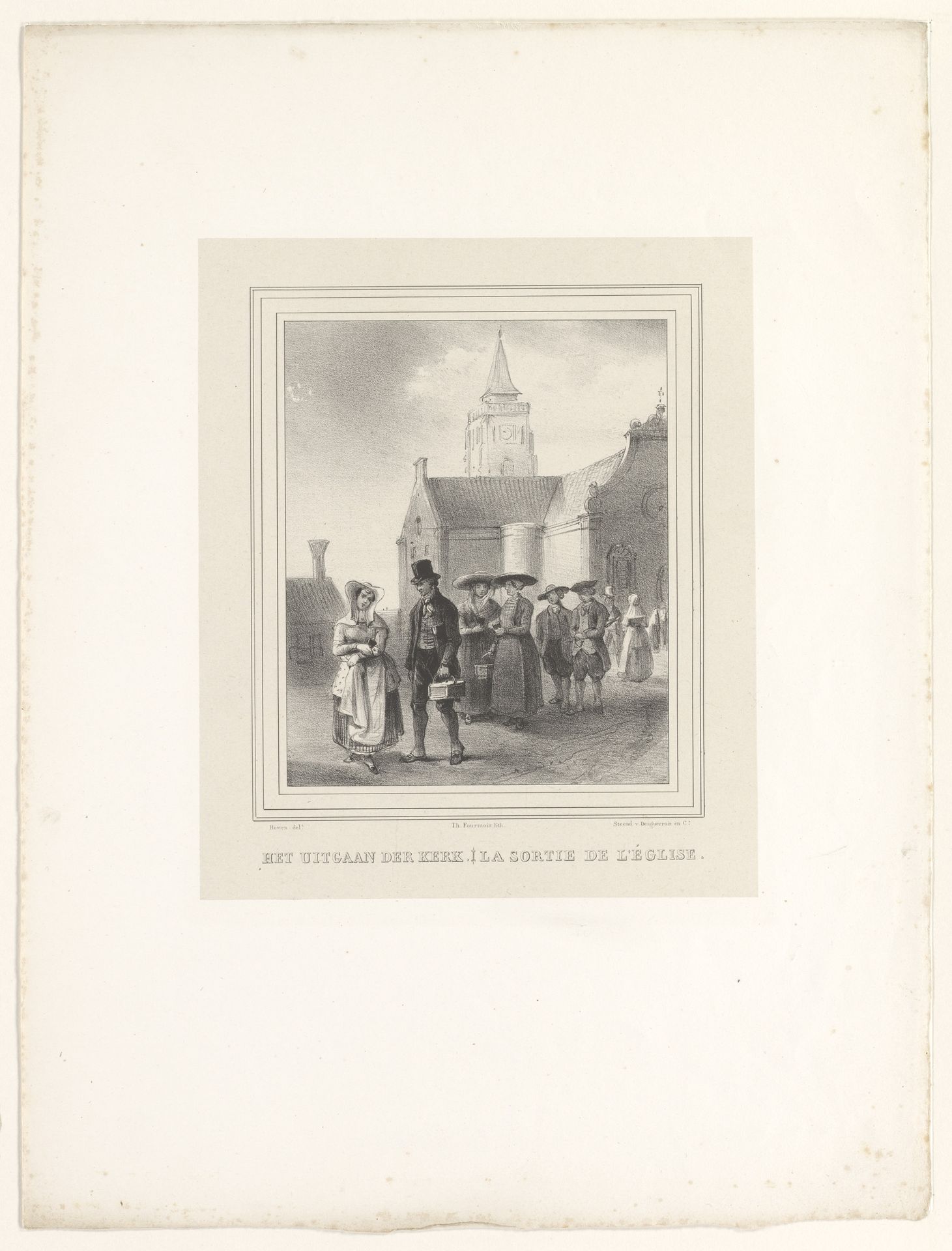 Stadsgezicht met kerkgangers voor een kerk by Théodore Fourmois