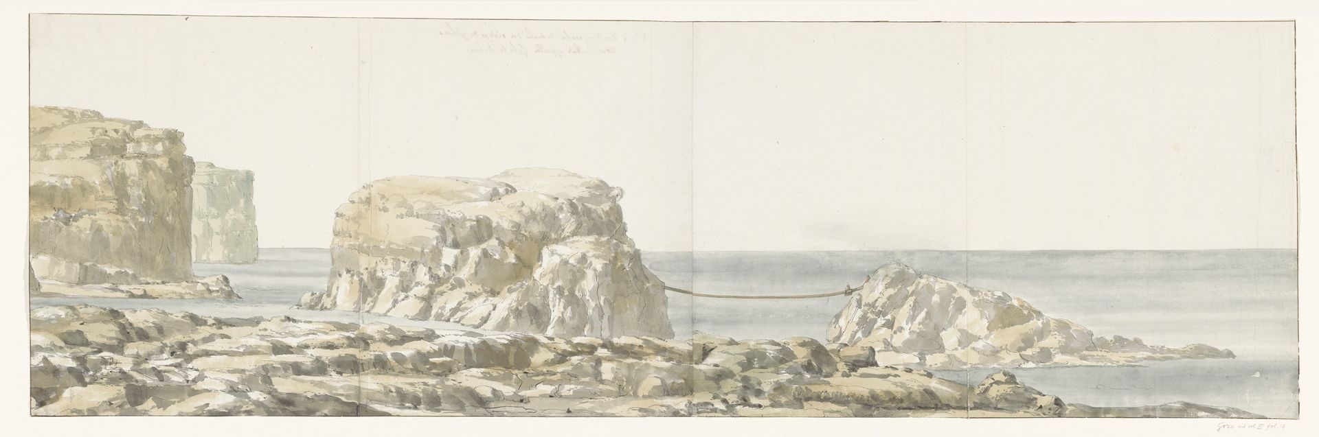 Gezicht op rots losgeraakt van kust in inham van Gozo by Louis Ducros