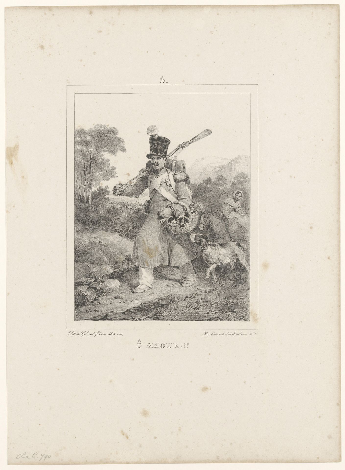 Soldaat op weg met een hond en een mand vol pups by Nicolas Toussaint Charlet