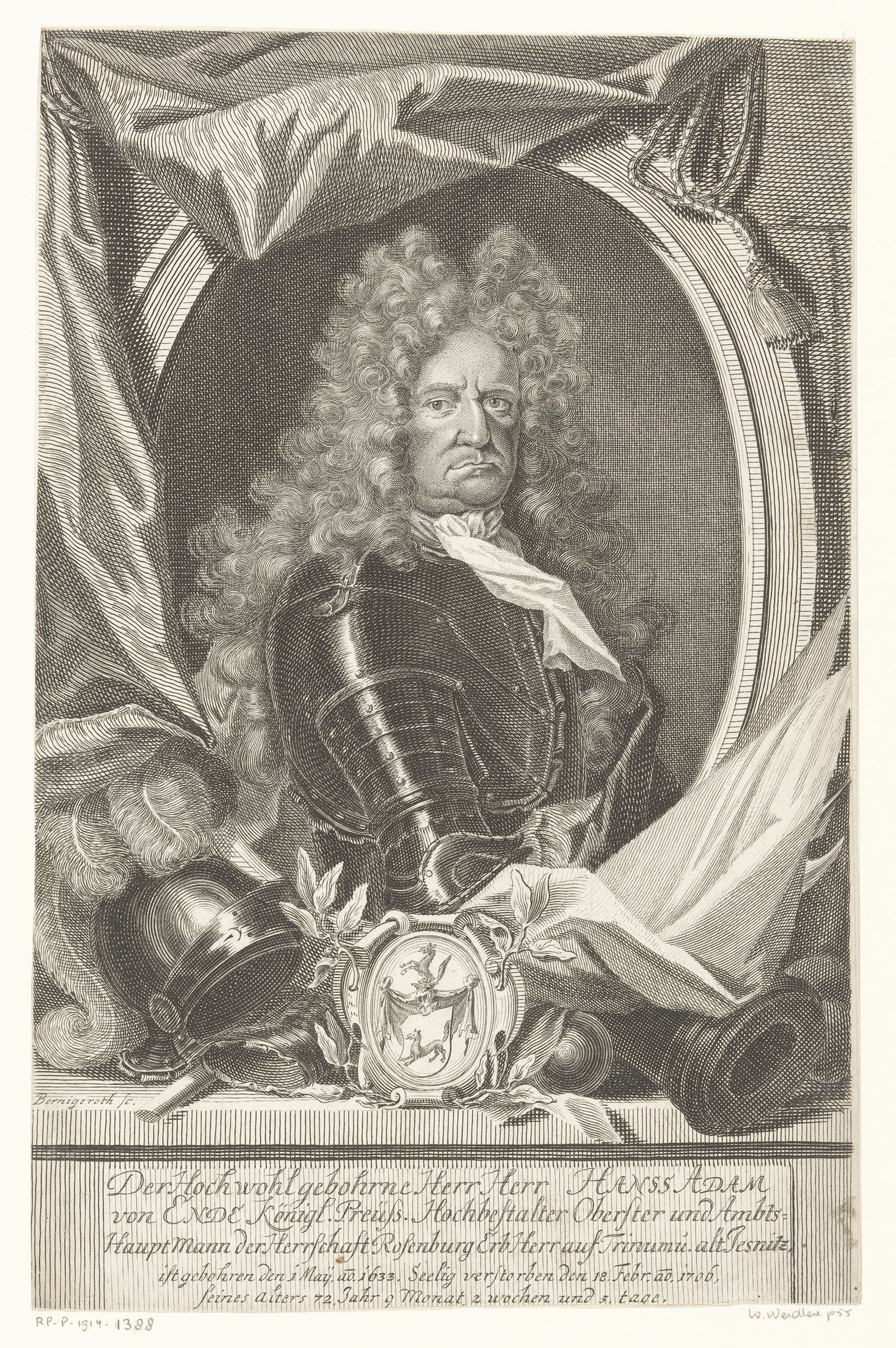 Portret van Hans Adam von Ende by Martin Bernigeroth