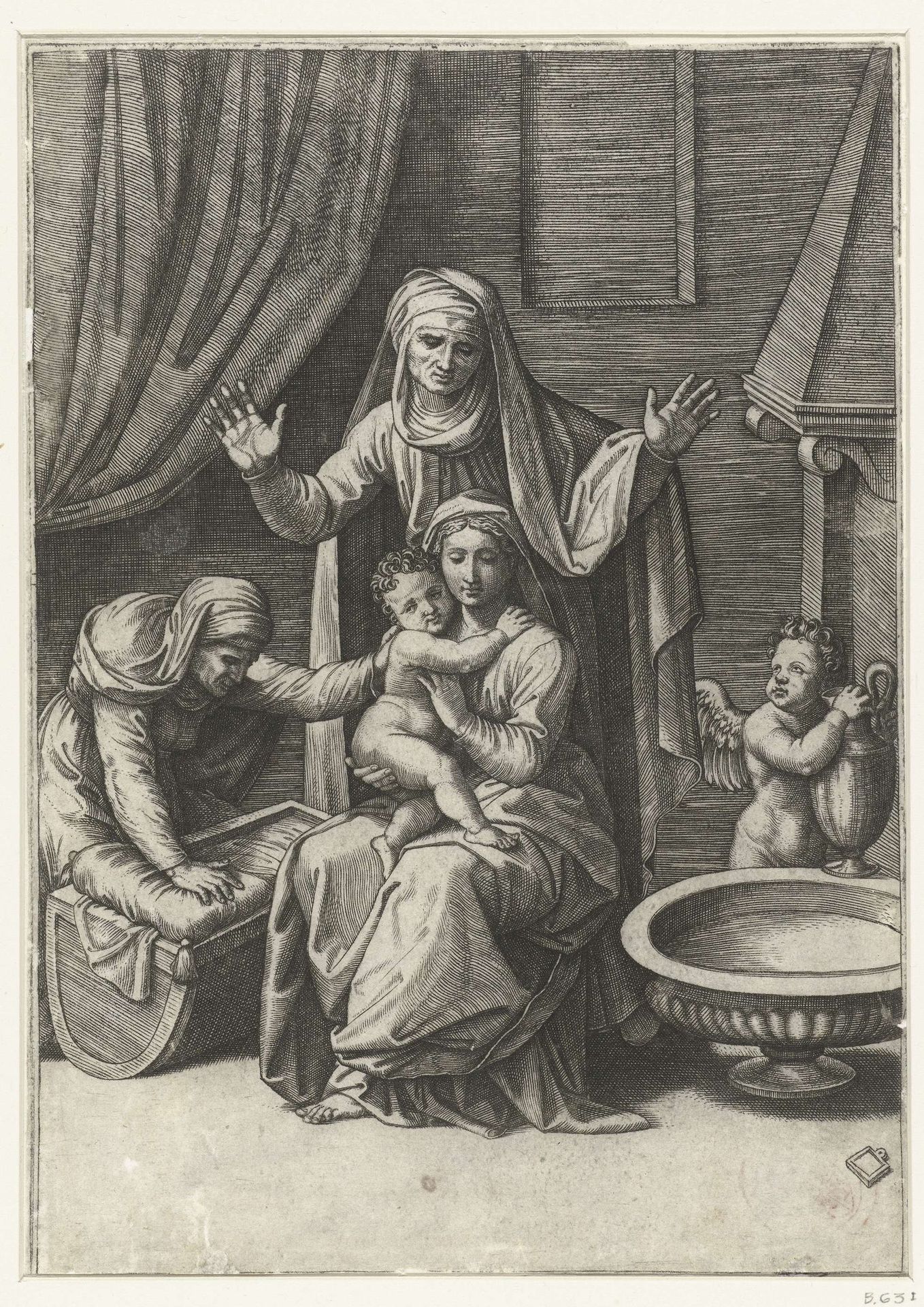 Maria met kind en heiligen Anna en Elisabet bij wieg en engel met waterkan bij schaal met water by Marcantonio Raimondi