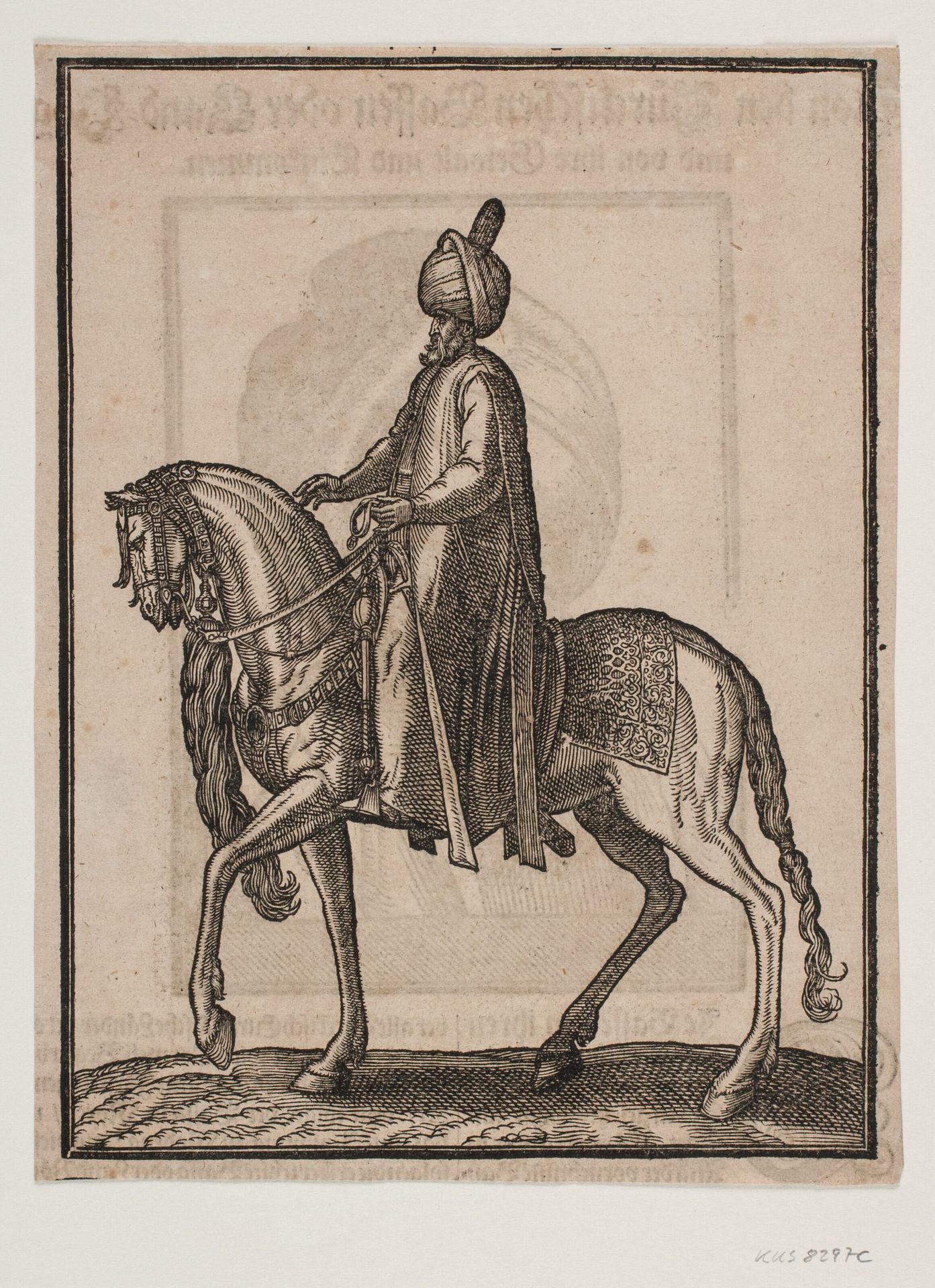 Mounted older man, with club at his side, profile toward the left; beneath the horse's neck, a horsetail or oxtail is hanging as a sign of the man's dignified status by Melchior Lorck