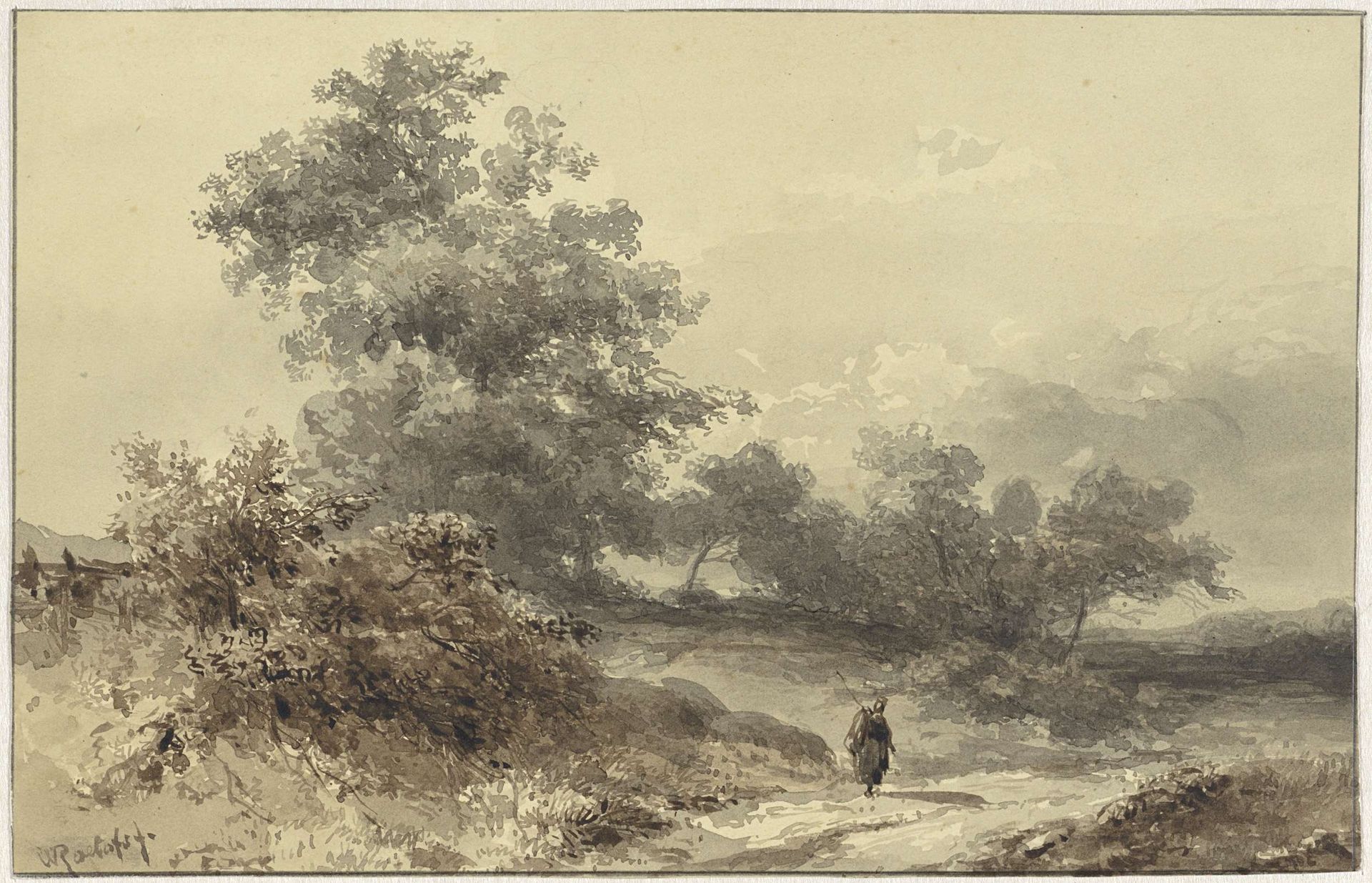 Landschap met bossage en een figuur op een landweg by Willem Roelofs