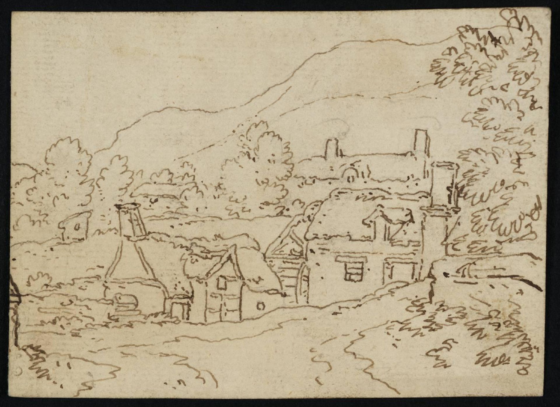 Houses and Mountains Seen from a Bridge near Llangollen by  Philip James De Loutherbourg