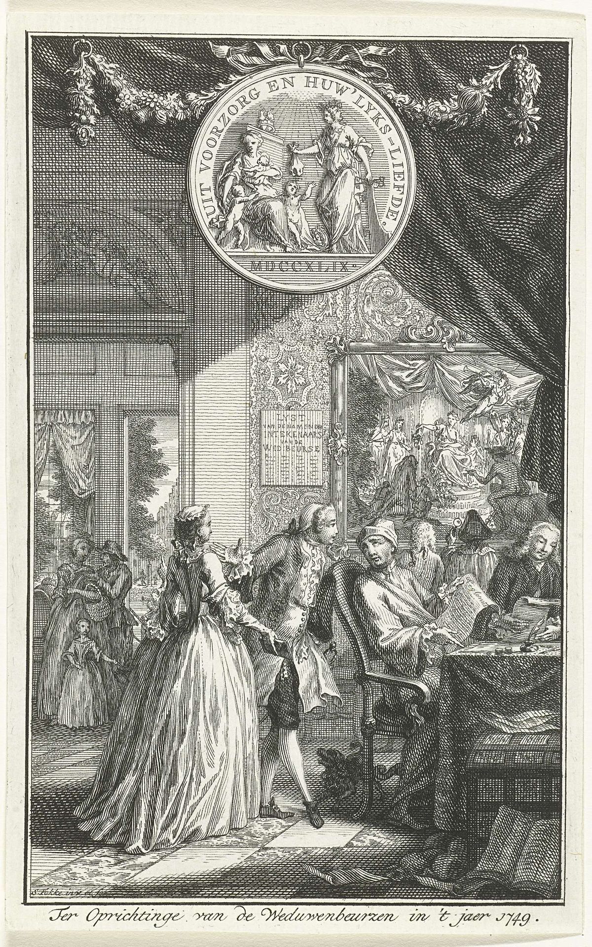 Oprichting van de Weduwenbeurzen, 1749 by Simon Fokke