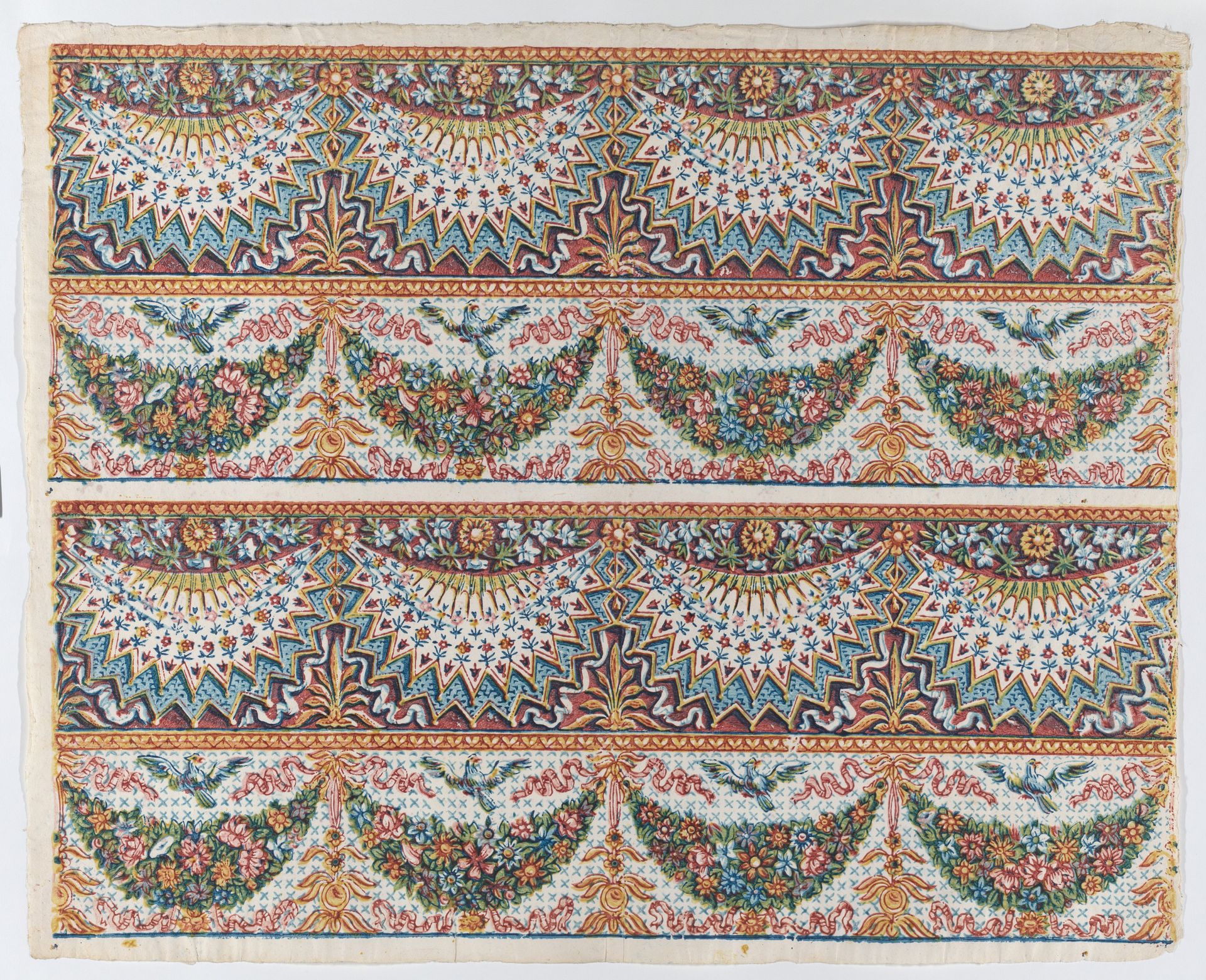 Sheet with a two borders with four hanging draperies,multicolor festoons, and birds by Anonymous