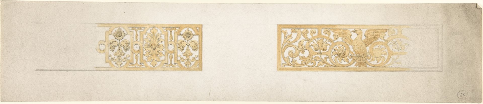 Two Rectangular Ornaments with Strapwork, Foliage and an Eagle by John Gregory Crace