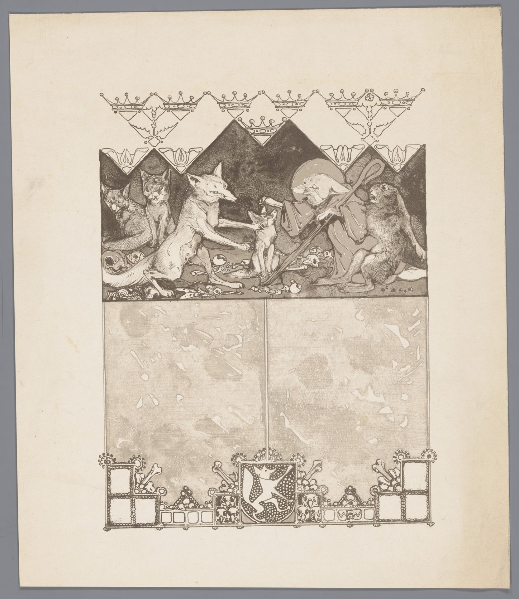 Vos in monnikspij (Reinaert) met haas (Cuwaert) bij vossin (Hermeline) en welpen in vossenhol by Bernard Willem Wierink