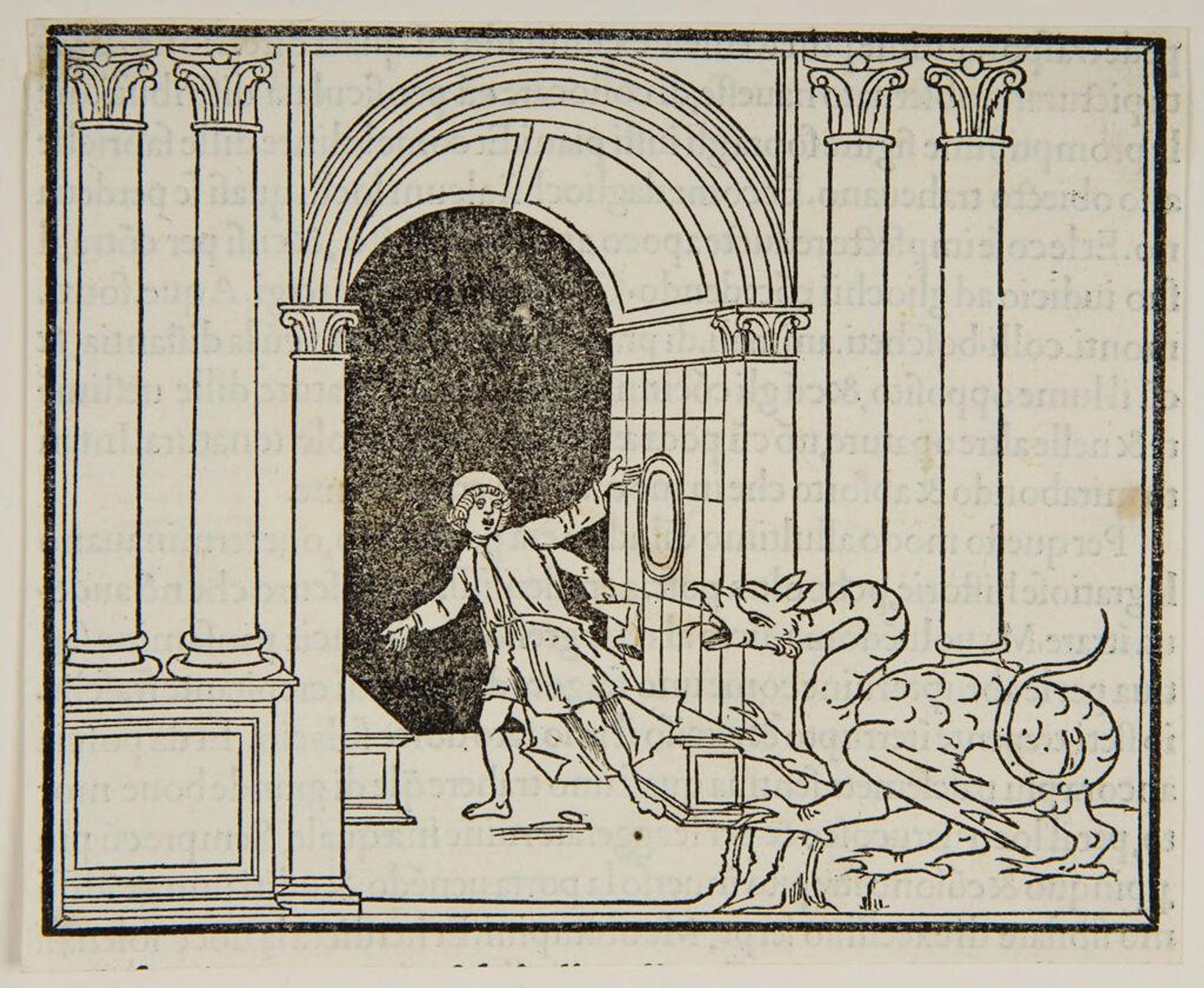 The terrified Poliphilus flying before the dragon (fol. d iii verso) by Anonymous