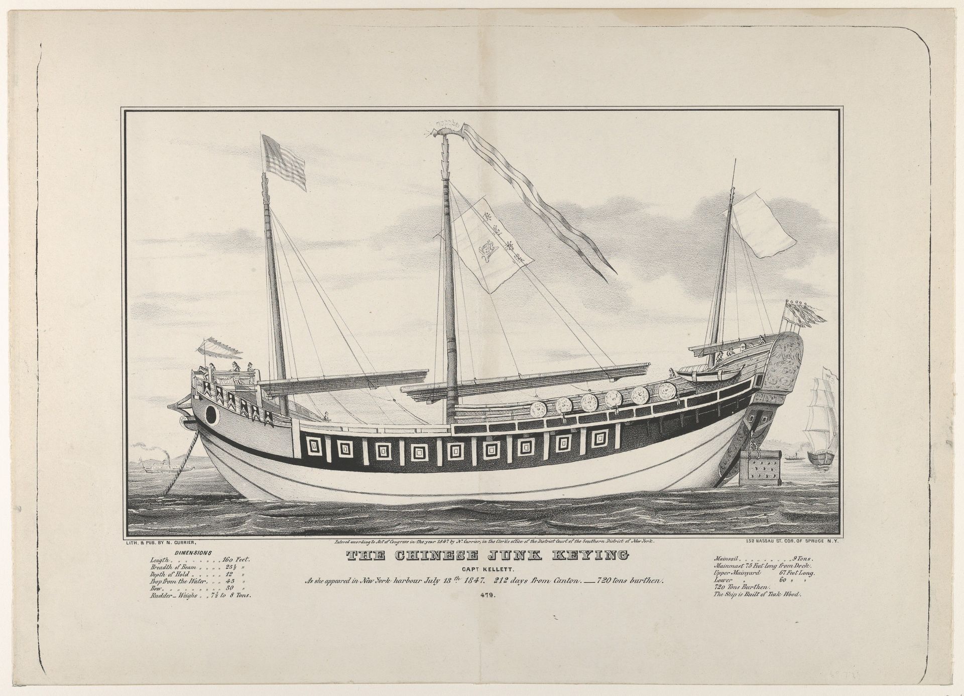 The Chinese Junk "Keying"–Captain Kellett–As she appeared in New York harbour July 13th, 1847–212 days from Canton.–720 tons burthen. by Nathaniel Currier