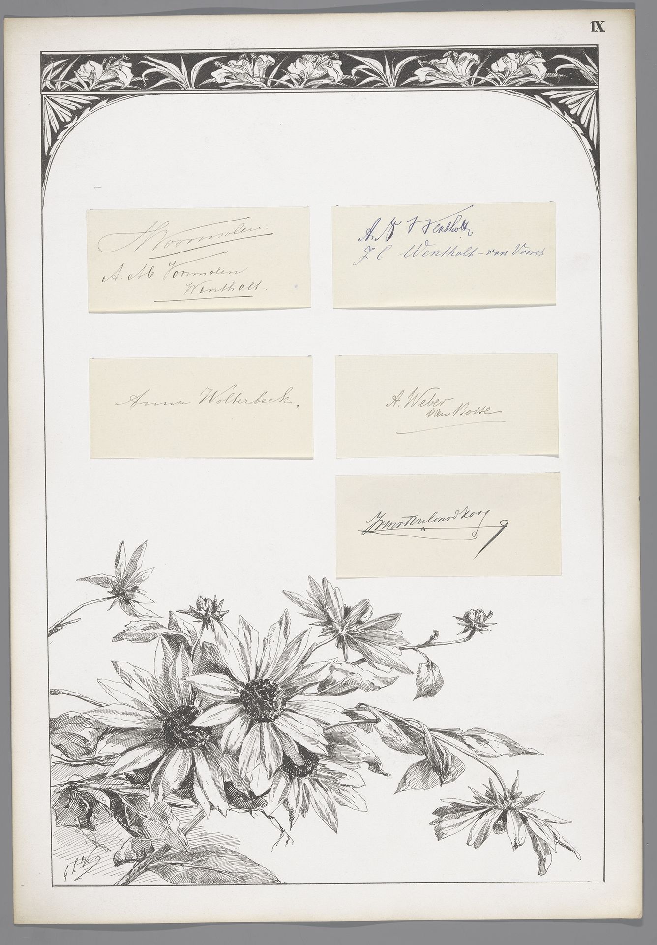 Vijf handtekeningen geplakt op een blad met bloemen en decoratieve rand by George Lourens Kiers