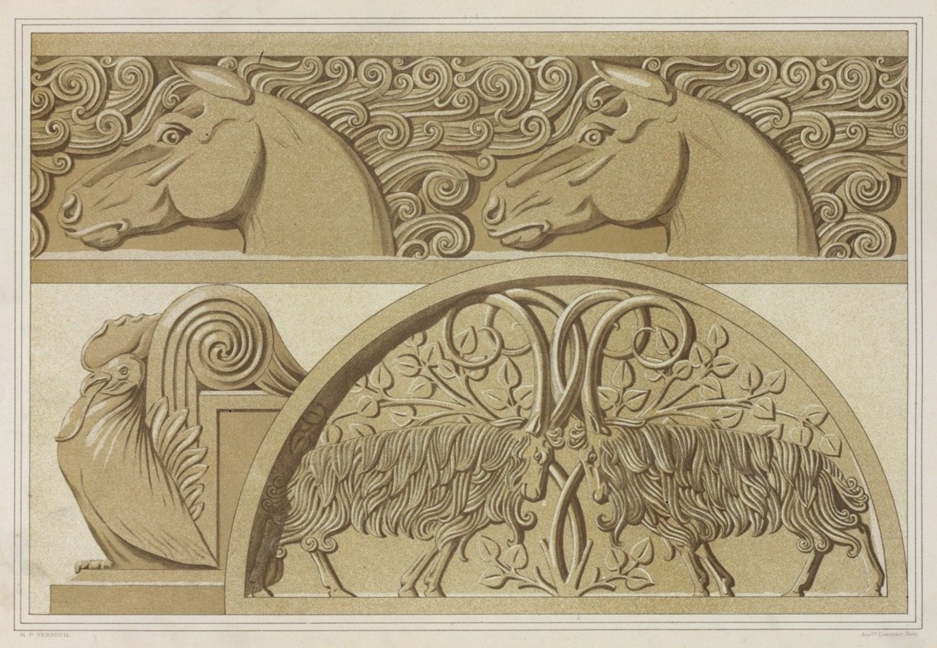 Chevaux, frise en pierre. Coq, amortissement. Boucs, tympan en pierre sculptée. by Maurice Pillard Verneuil