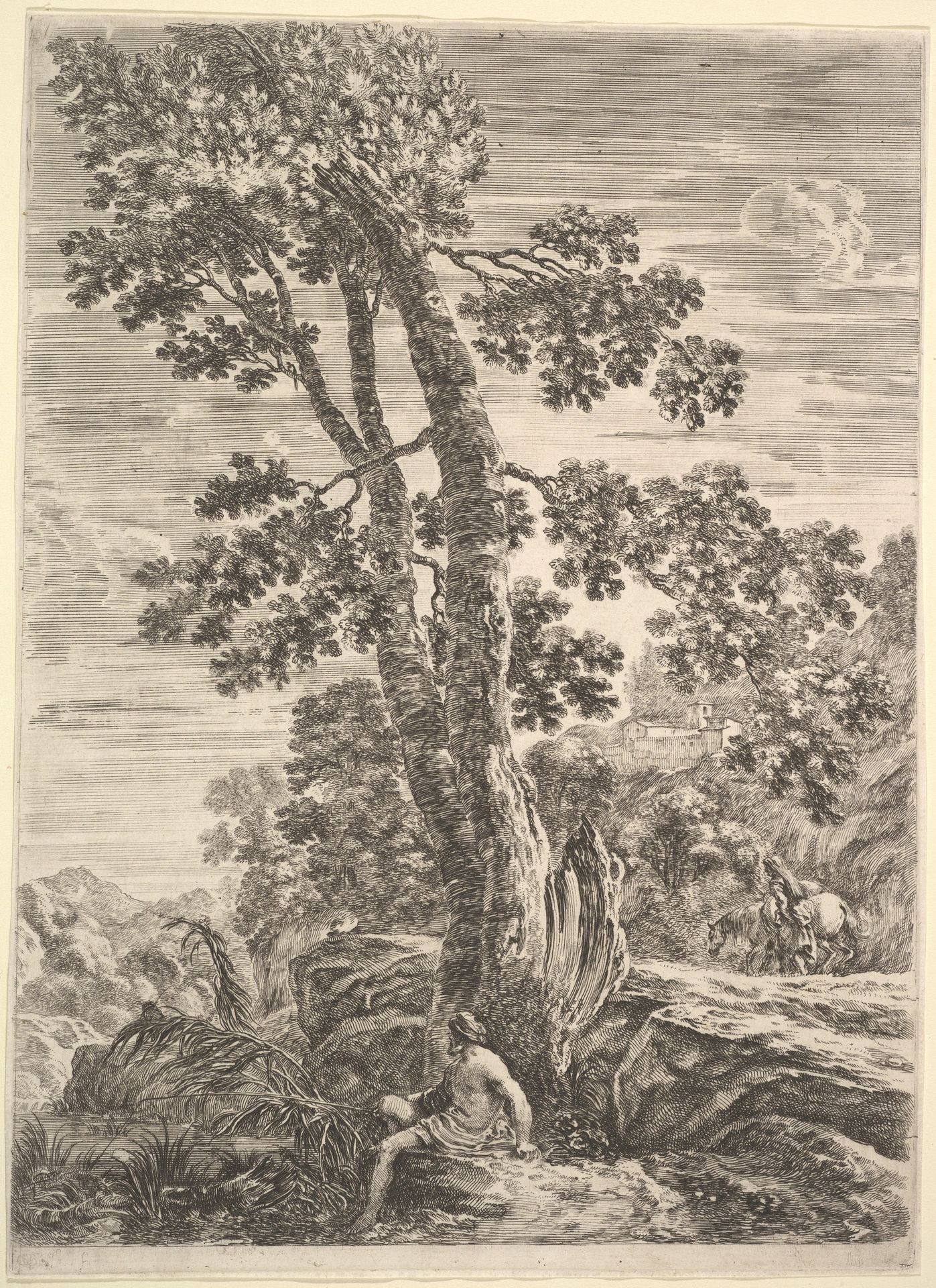 A fisherman at center facing left and leaning against a large tree, a woman walking next to a horse to right in the background, from 'Four large landscapes' (Quatre grands paysages en hauteur) by Stefano della Bella