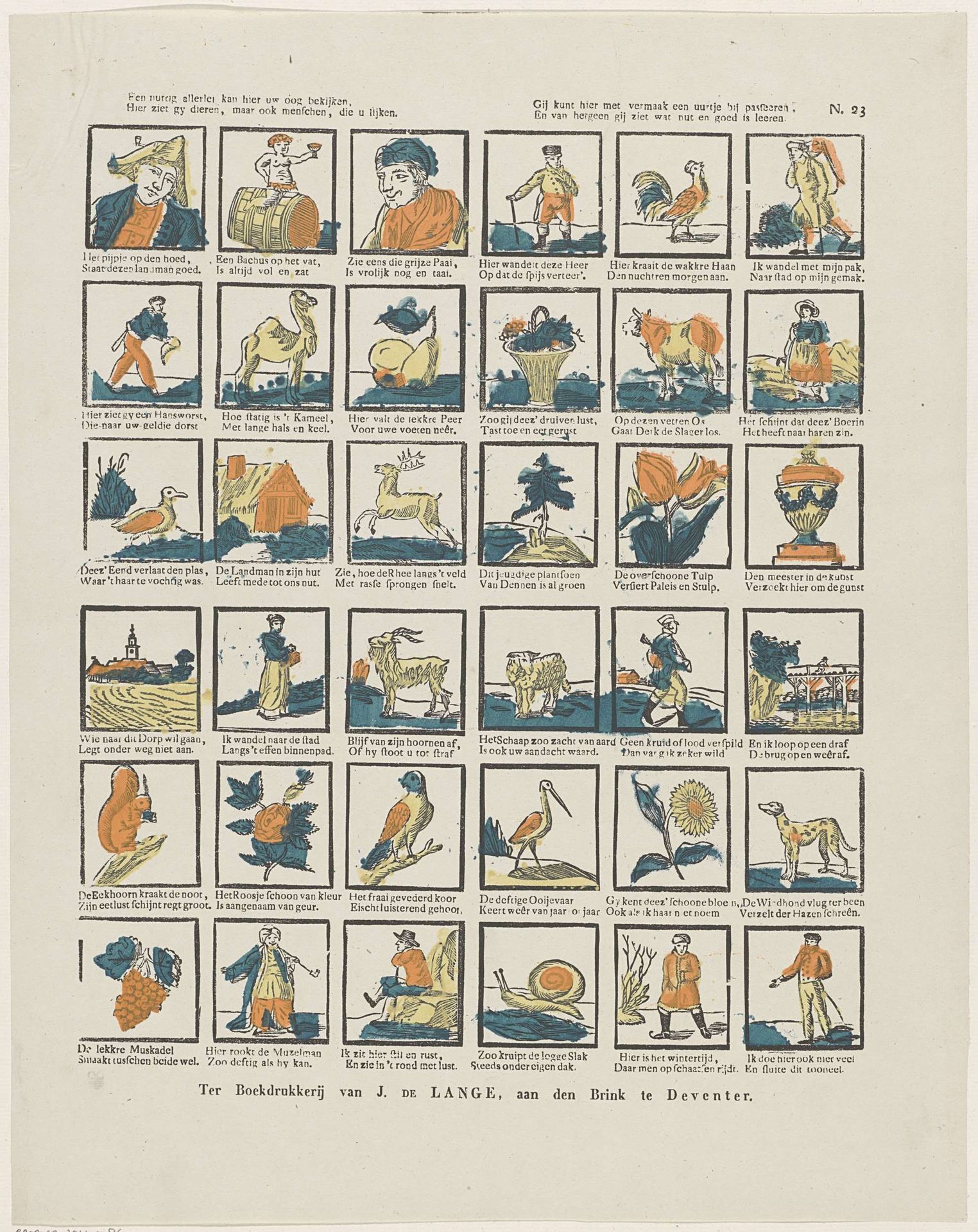 Een nuttig allerlei kan hier uw oog bekijken, / Hier ziet gy dieren, maar ook menschen, die u lijken. / Gij kunt hier met vermaak een uurtje bij passeeren, / En van hetgeen gij ziet wat nut en goed is leeren by Jan de (II) Lange