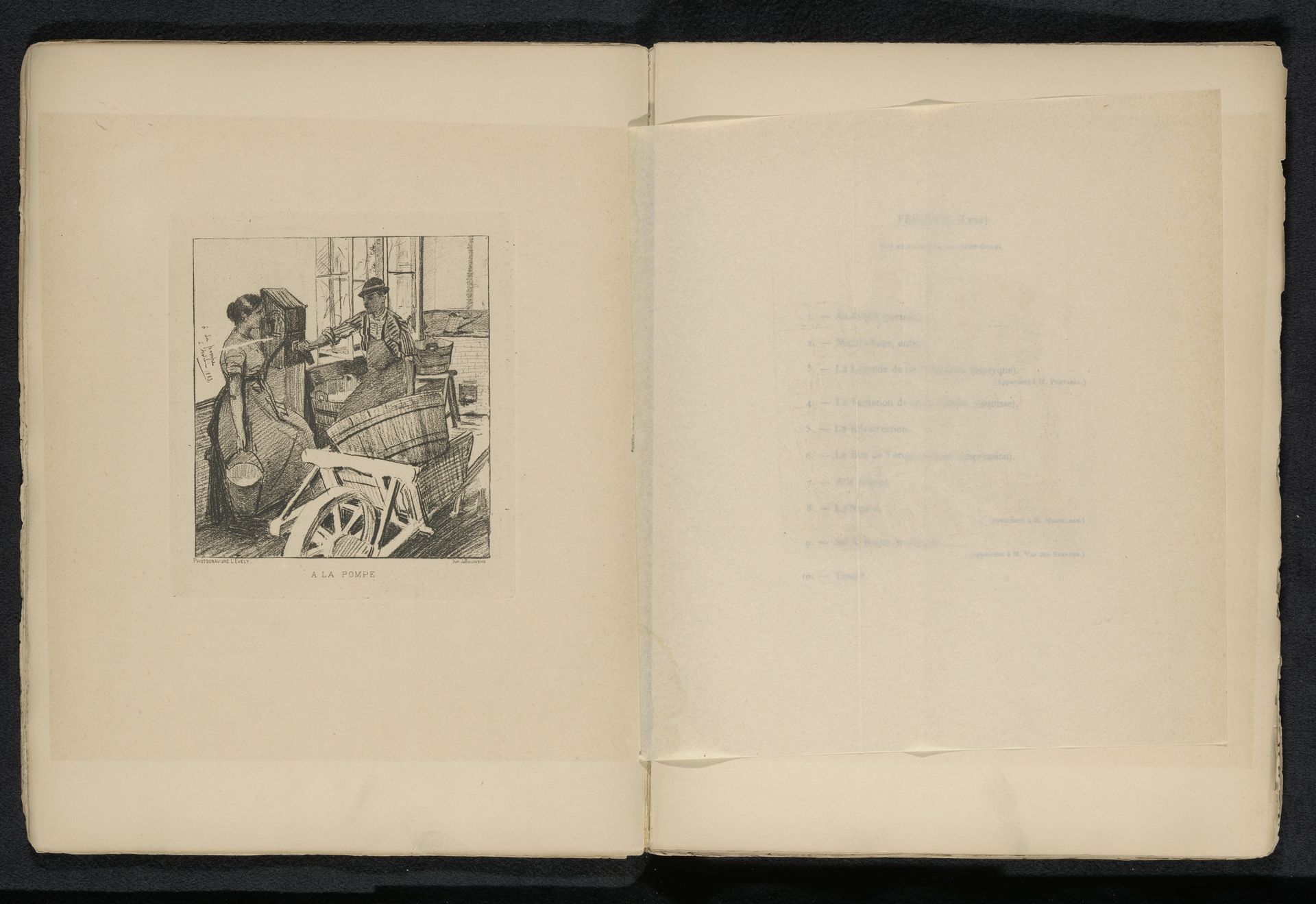 Reproductie van een tekening van een man en een vrouw bij een waterpomp door Léon Frédéric by Léon Evely
