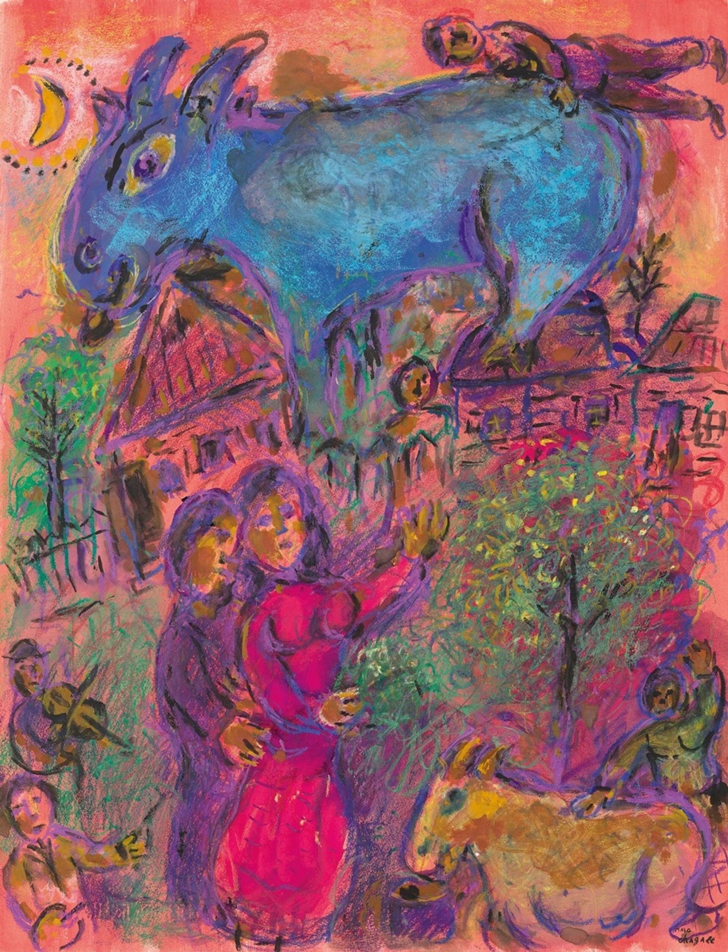 Chèvre bleue au-dessus de la fête au village en rose by Marc Chagall