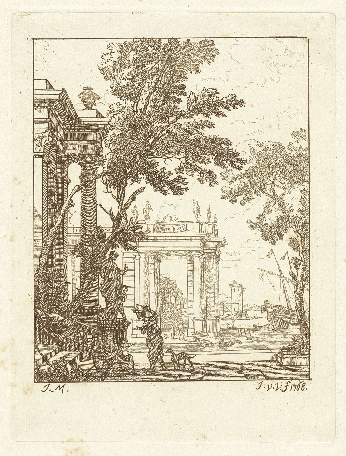 Klassieke paleizen bij een haven by Jan Jansz. van der Vinne