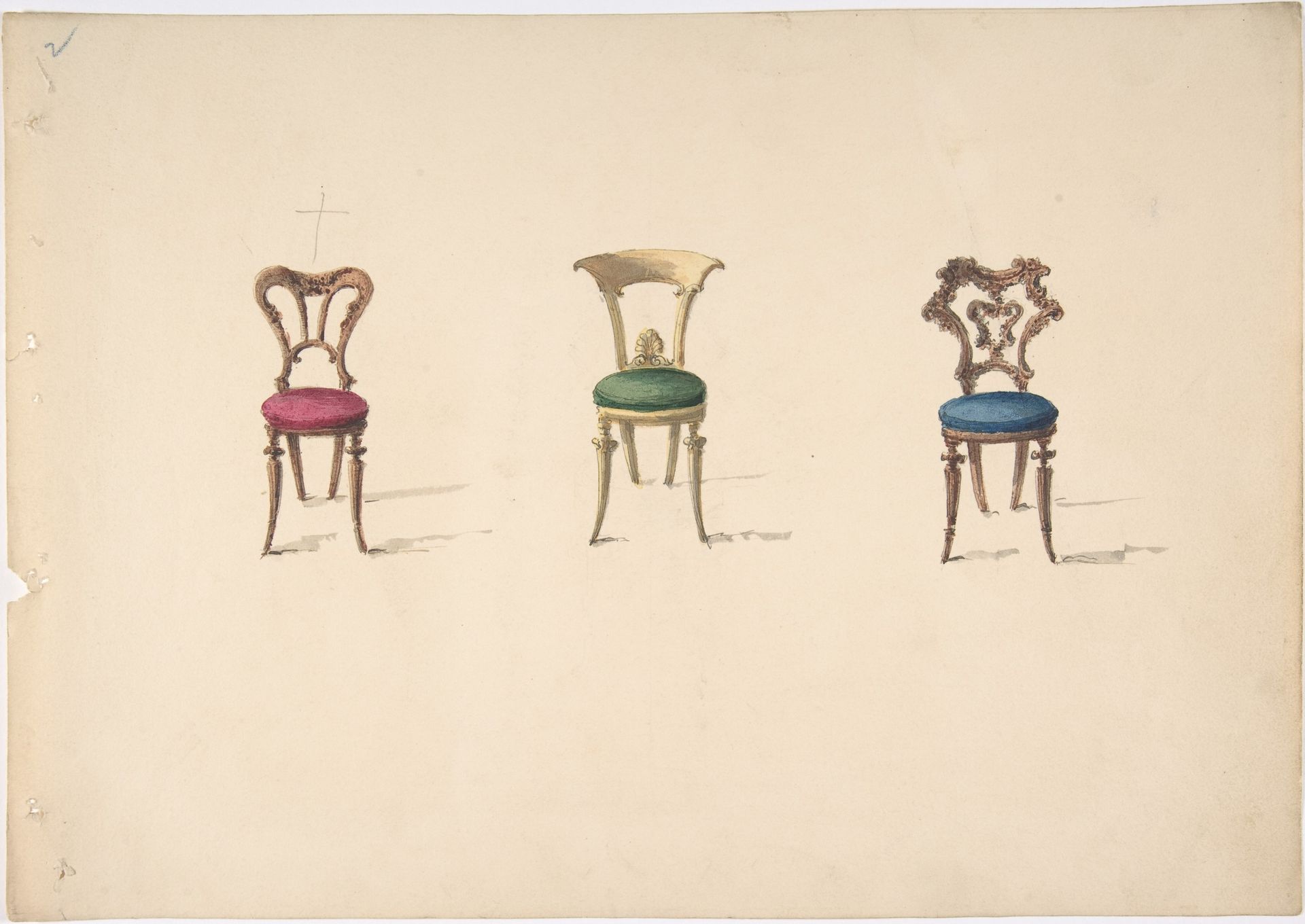 Design for Three Chairs with Red, Green and Blue Seats by Anonymous