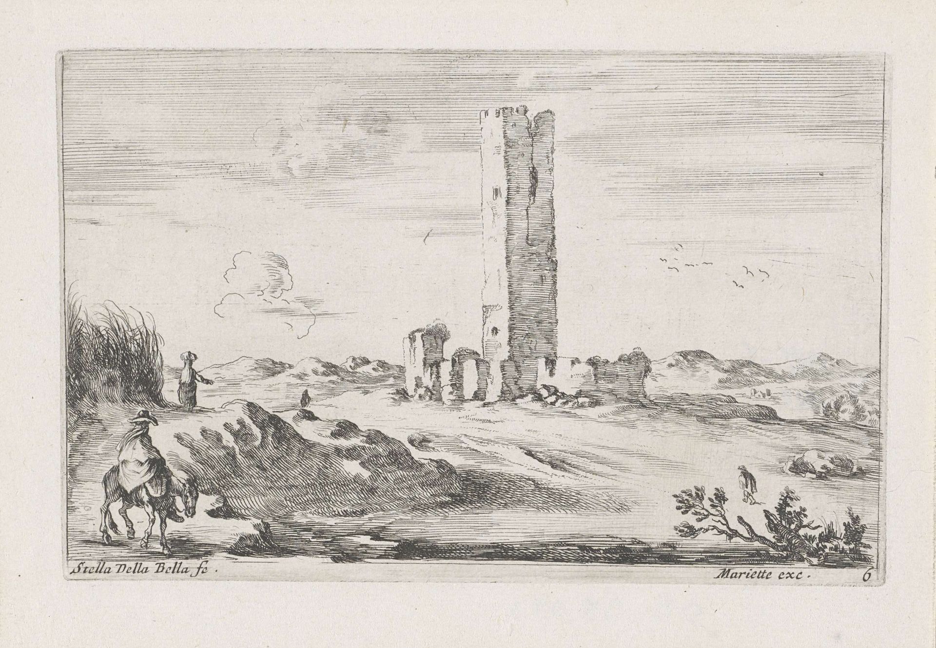 Ruïne van toren in vlak landschap by Stefano della Bella