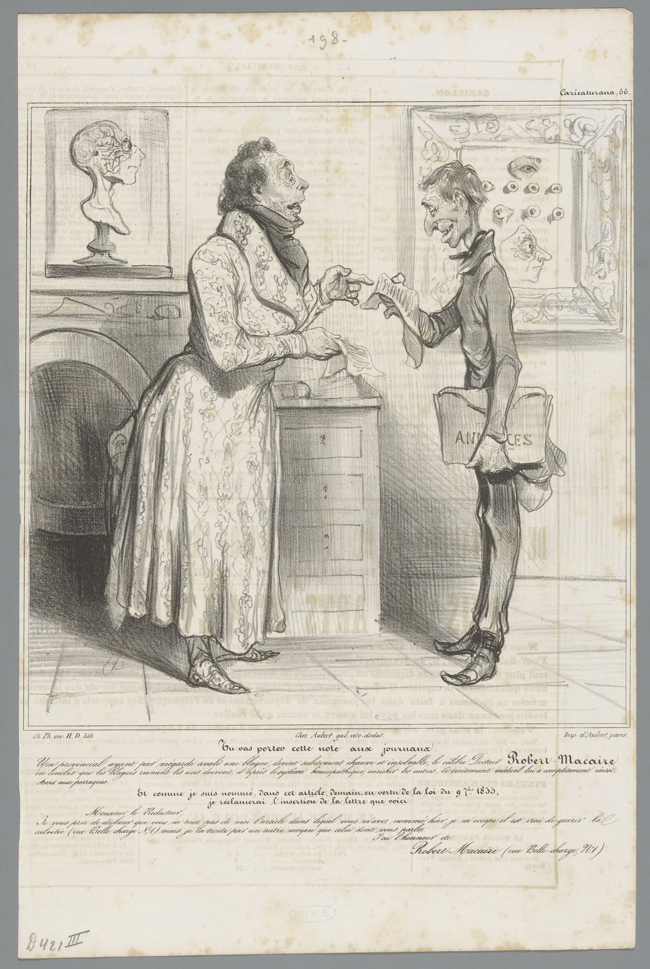 Dokter Robert Macaire geeft brief voor de pers aan Bertrand by Honoré Daumier