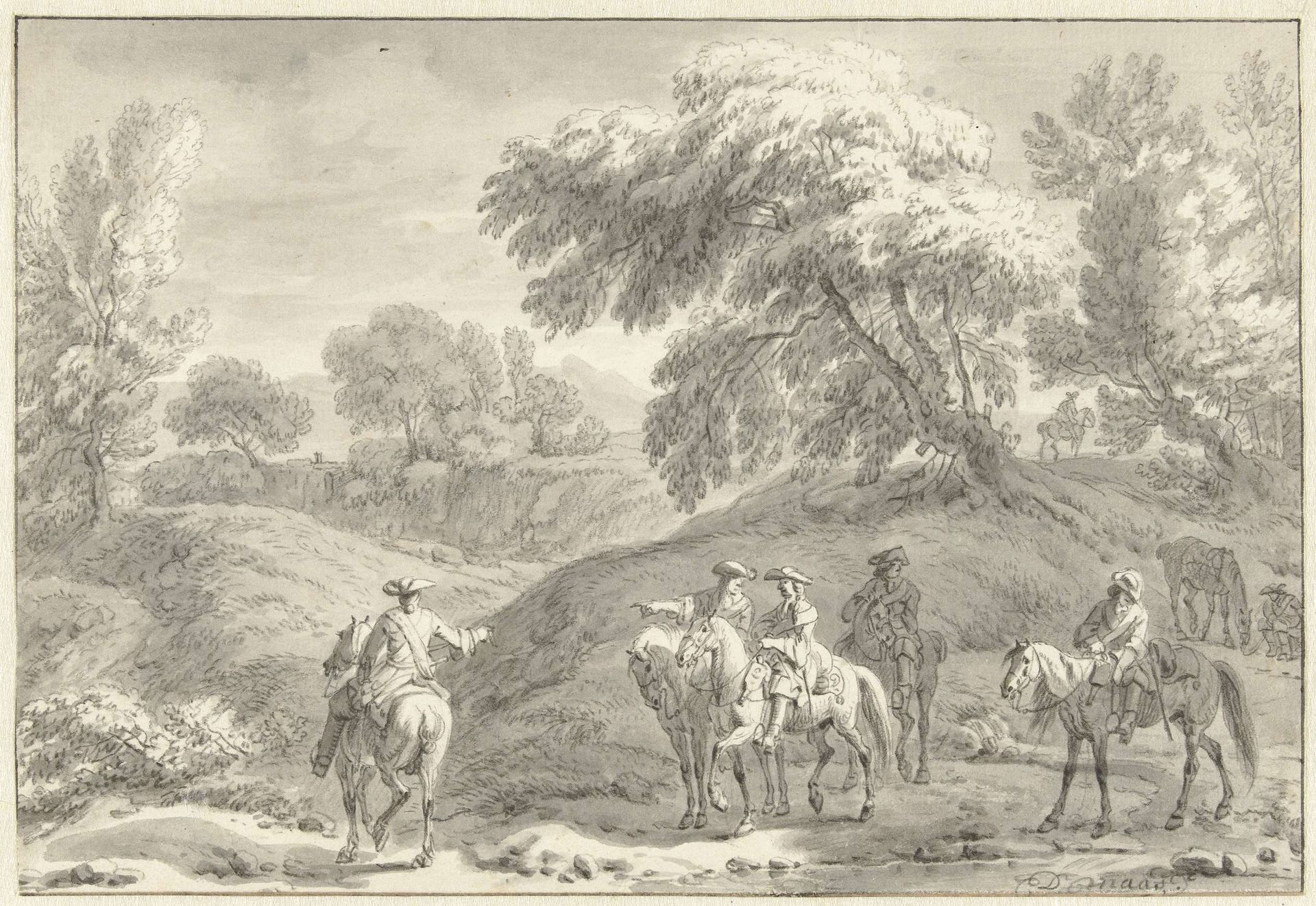 Hilly Landscape with Hunters on Horseback by Dirk Maas