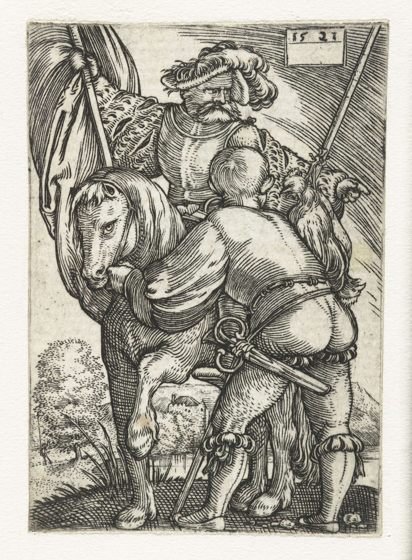 Vaandeldrager te paard met voetknecht by Barthel Beham